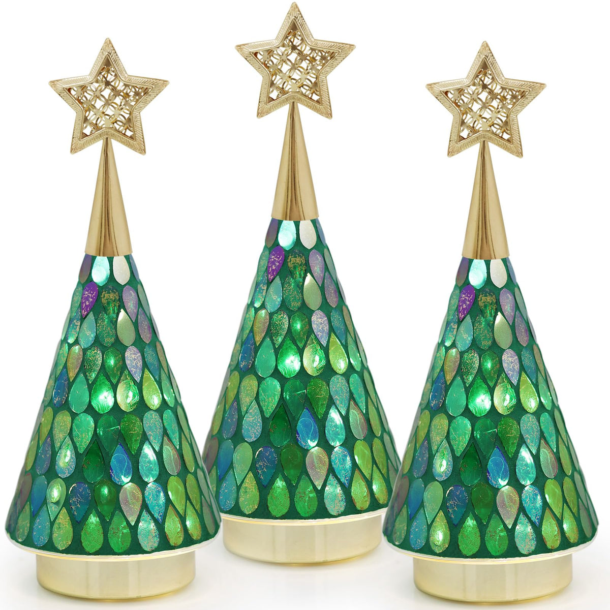 Green Glass Tabletop Christmas Trees, 3 PCS Handmade Mosaic Glass Small Christmas Trees with Light, Battery Operated Xmas Tree for Bedroom Decor 11"