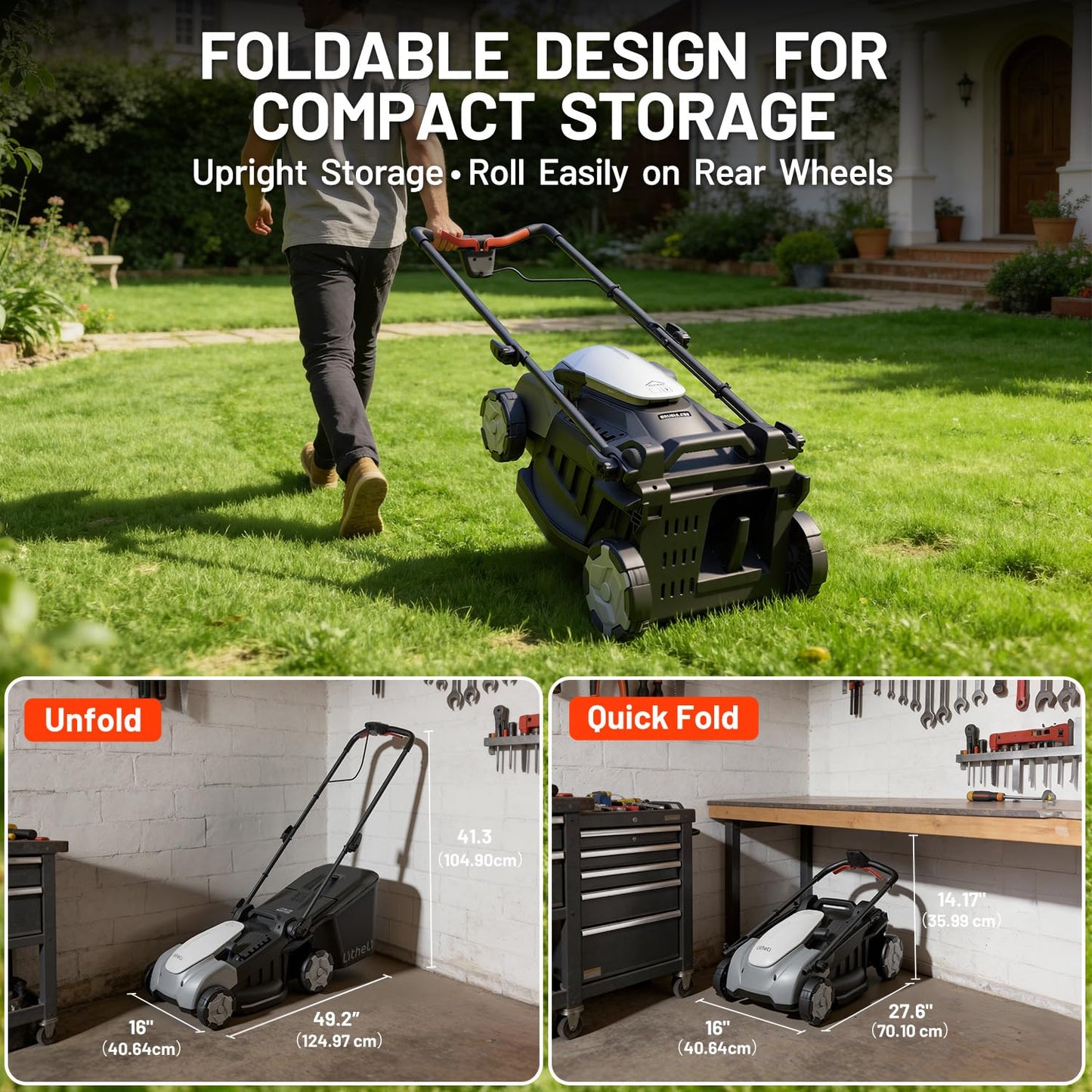 Litheli 40V Brushless Push Mower, 16″ Cordless Lawn Mower, 6 Adjustable Heights (1-3″), 50L Collection Bag & Mulching, 2×5.0Ah Batteries & Charger Included