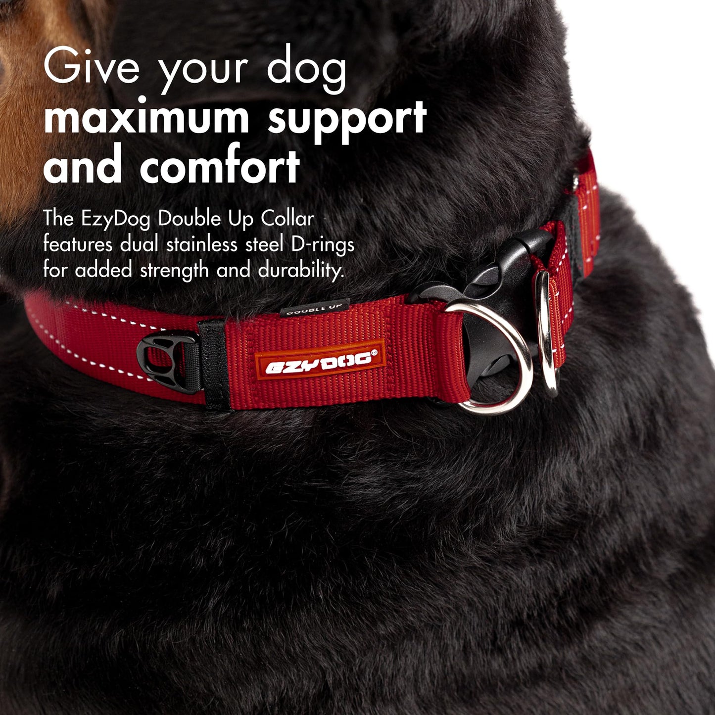 EzyDog Double Up Dog Collar - Reflective Dog Collar with ID Tag D-Ring, For Small to Large Dogs - Soft-Touch, Reflective, Durable - For Active Pets