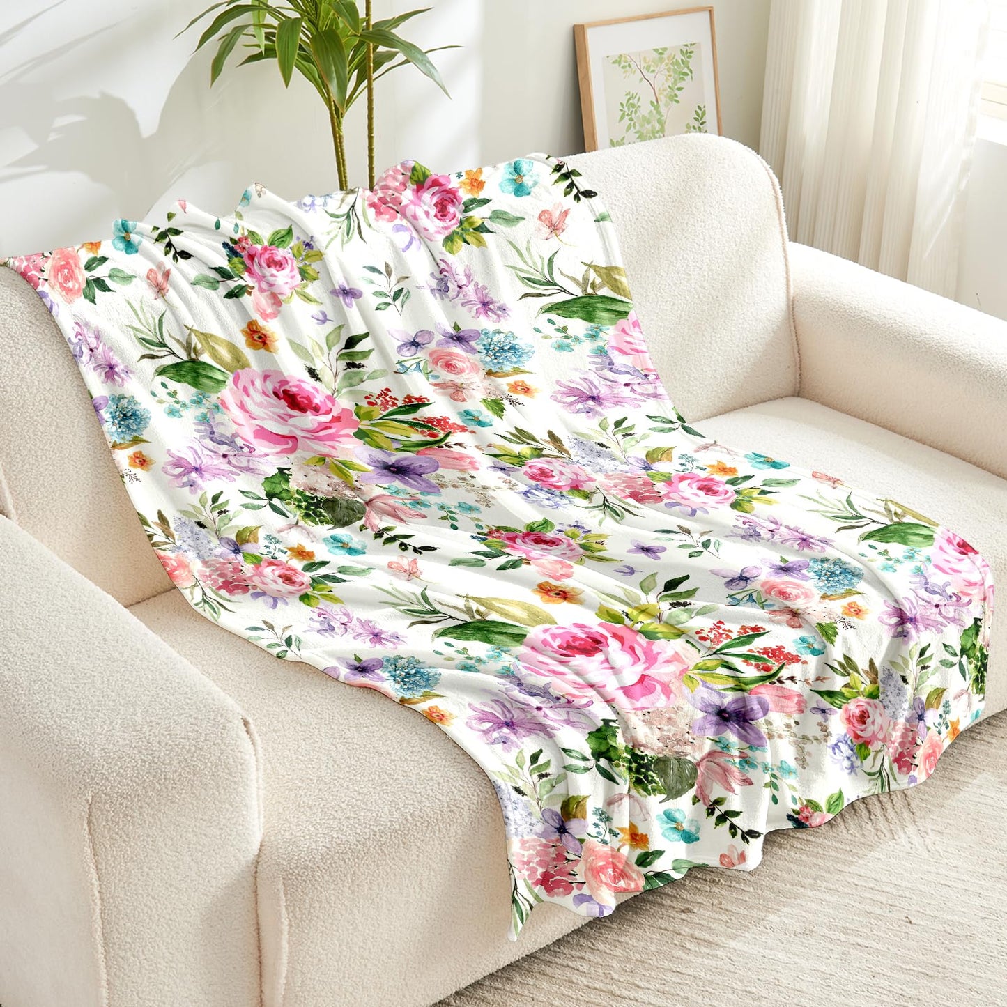 Jeyfull Floral Flannel Fleece Throw Blanket 50x60 Inches - Soft Plush Watercolor Flowers Print Blanket for Couch Bed Camping - Warm Lightweight Gifts for Women