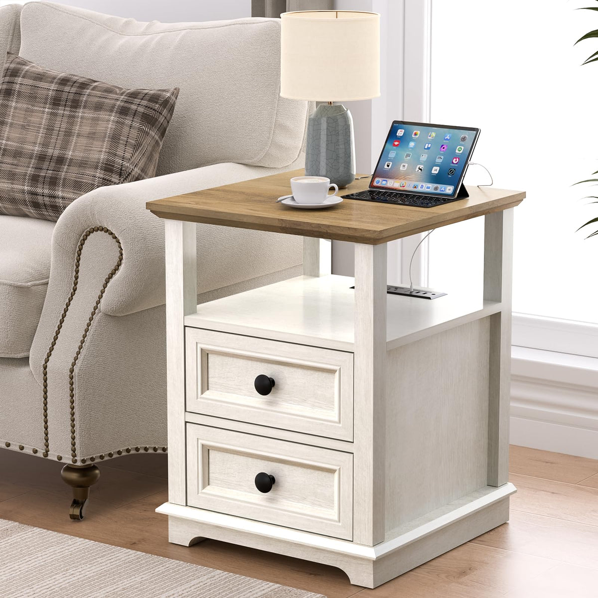 REDAYFUR End Table with Fast USB C Charging Station, 18" Wide Tall Sofa Side Table with 2 Drawers, Large Storage Rustic Wood Square Storage Cabinet for Living Room,Bedroom,Office, White