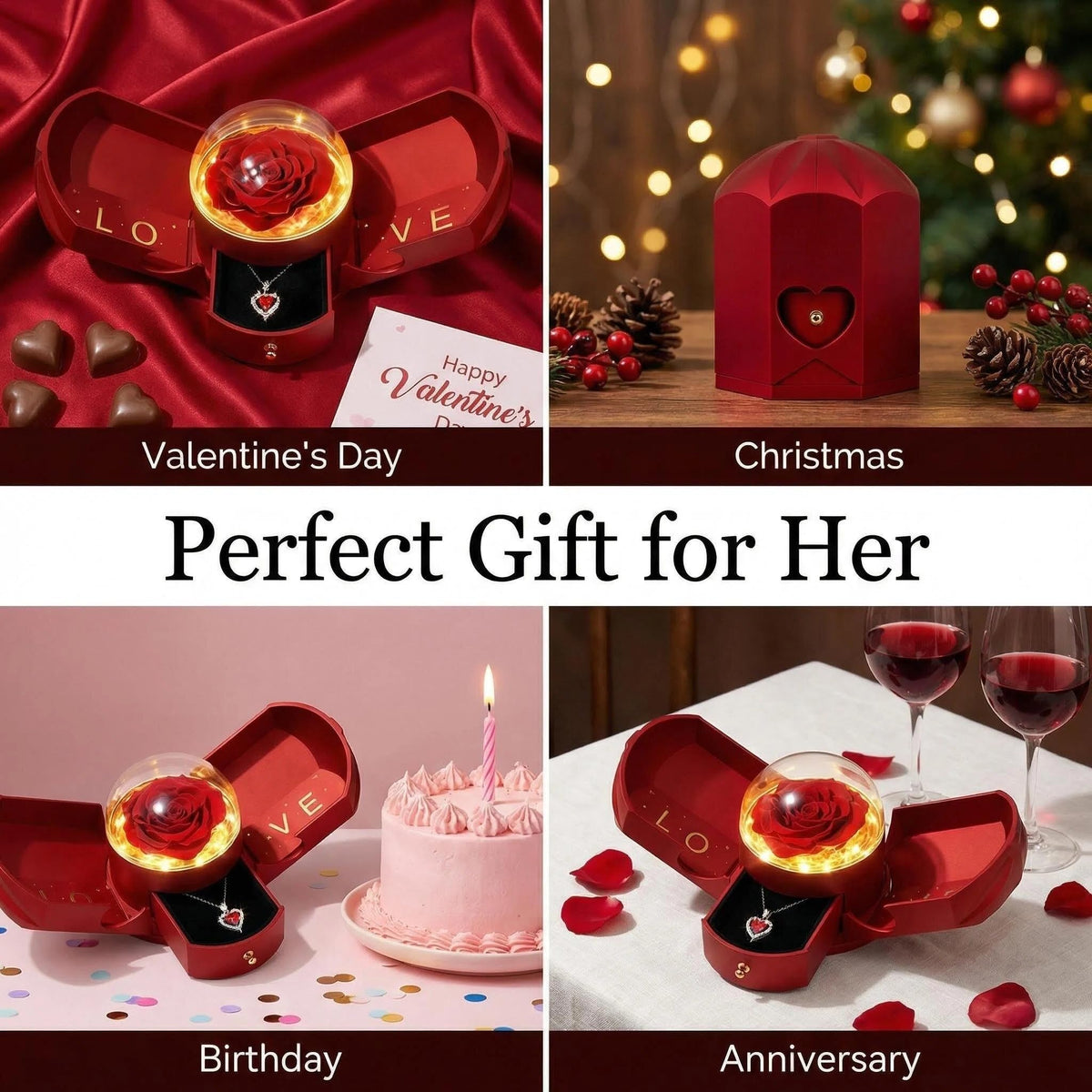 Mifgra Preserved Rose Jewelry Gift Box with Heart Necklace – Eternal Rose LED Light Gift Set for Women, Perfect for Valentine's Day, Birthday, Mother's Day, Girlfriend, Wife, Mom