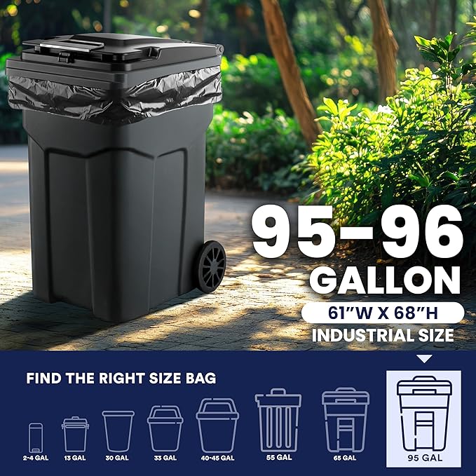 Plasticplace 95-96 Gallon Garbage Can Liners │ 2 Mil │ Black Heavy Duty Trash