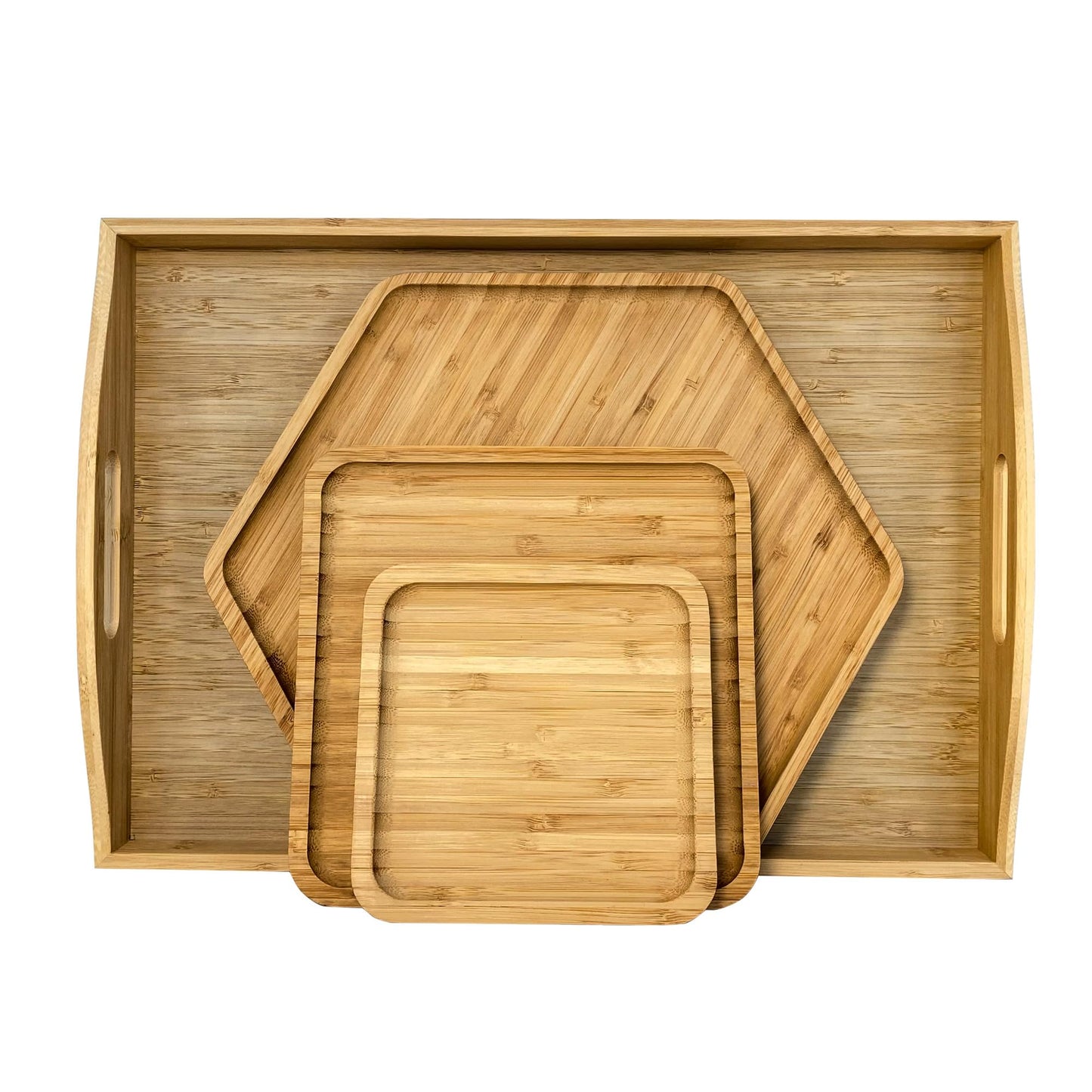 PAFREWOG Bamboo Serving Trays Charcuterie Platter 16.5"x11.8"（42x30cm with Handle, Set Includes 1xHexagon 12.5"(32cm)+1xSquare 7.8"(20cm)+1xSquare 5.9"(15cm) Small Plates for Family Dinner