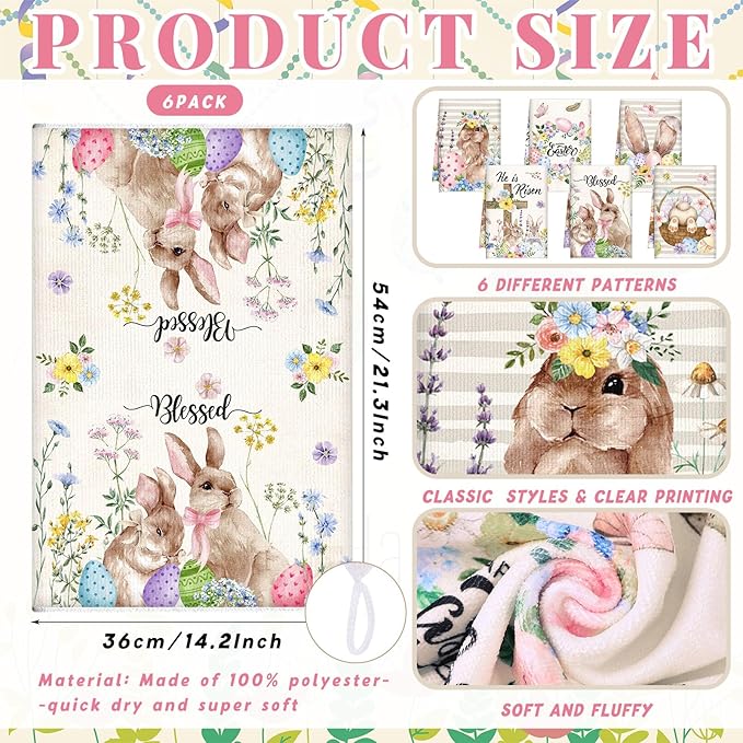 Breling Set of 6 Easter Decorations Happy Easter Kitchen Towels Rabbit Dish