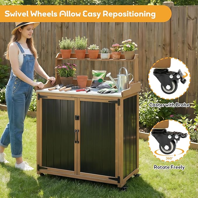 Potting Bench Table & Outdoor Storage Cabinet with Lockable Wheels, Adjustable Shelves, Mobile Waterproof Metal Top Workstation for Garden Patio BBQ Organization, Magnetic Latch & Edge Guard
