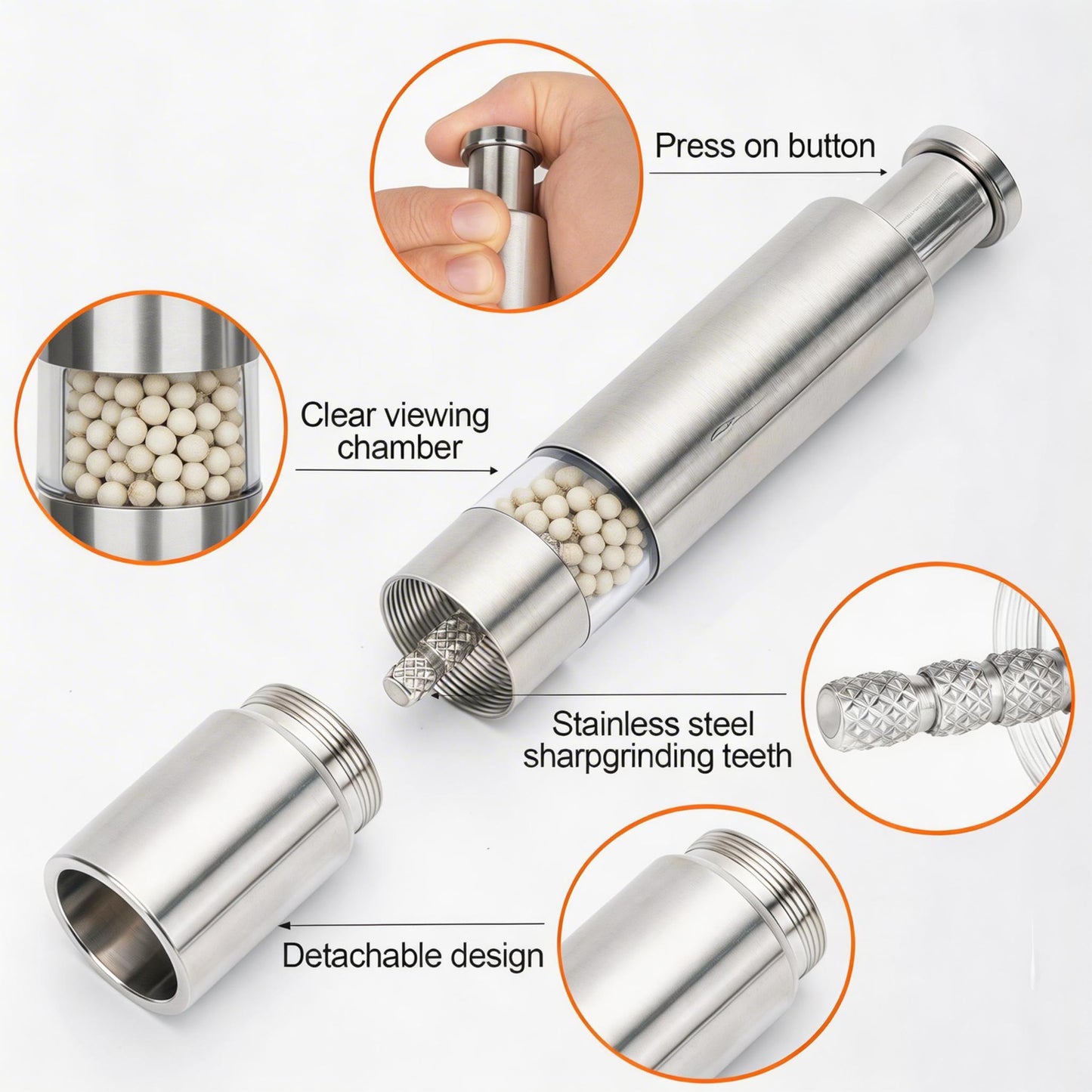 Keeshibao 2-PCS Stainless Steel Pepper Grinder, Salt and Pepper Grinder Set，Manual Push Button Black Pepper Grinder, Small Salt Grinder Refillable for Salt Spices,use for Kitchen Travel Camping