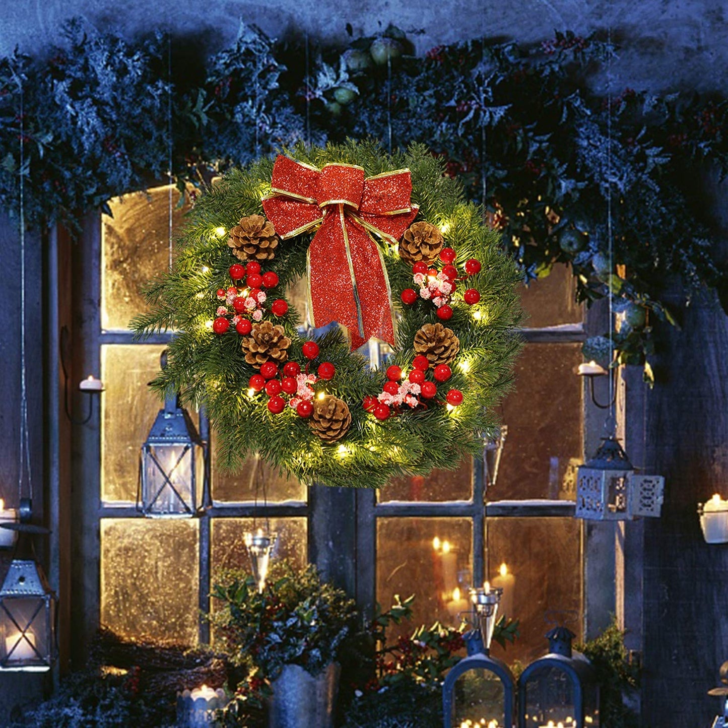 MorTime 16 Inches LED Christmas Wreath with Pinecones Red Berries, Red Bowknot Lighted Christmas Wreath with 40 LED Warm White Lights for Winter Holidays Home Decoration