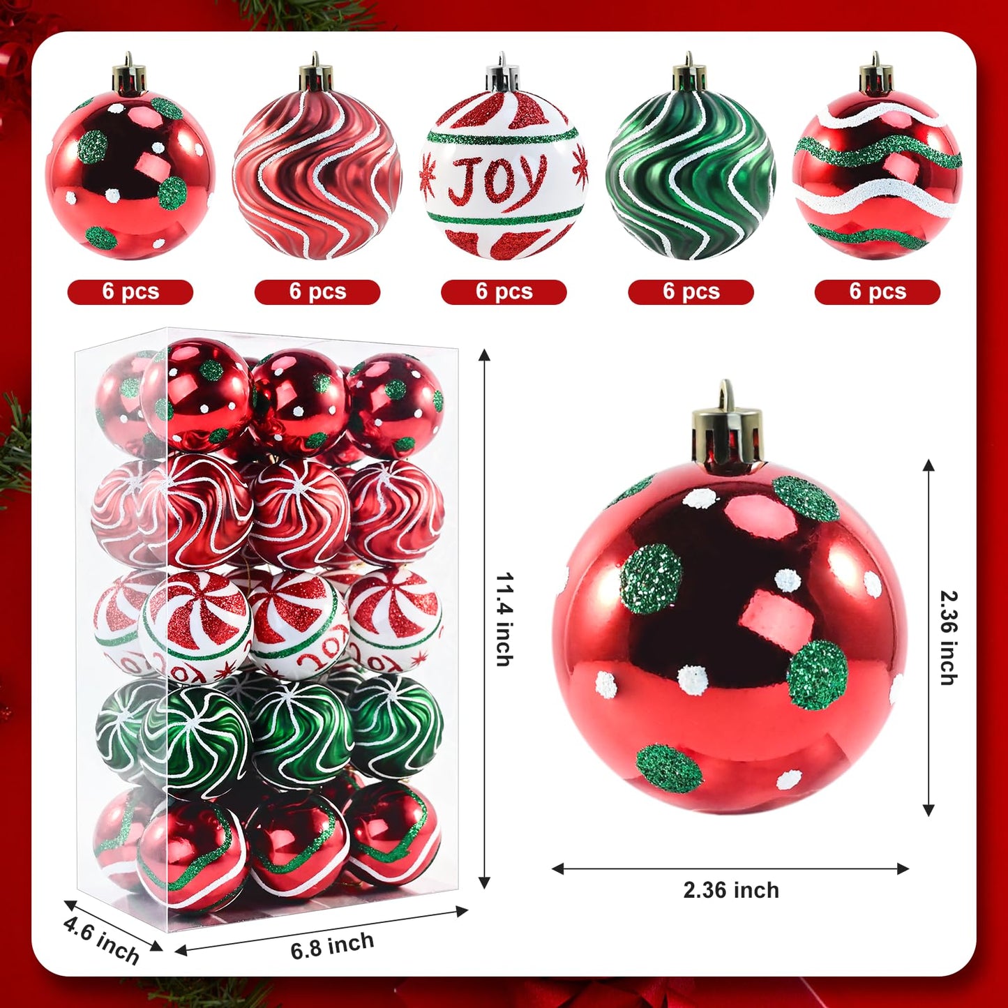 30PCS Christmas Ball Ornaments, 2.36" Red Green White Christmas Balls, Shatterproof Xmas Balls Decoration for Christma Tree, Painting & Glittering Hanging Ball for Party Event