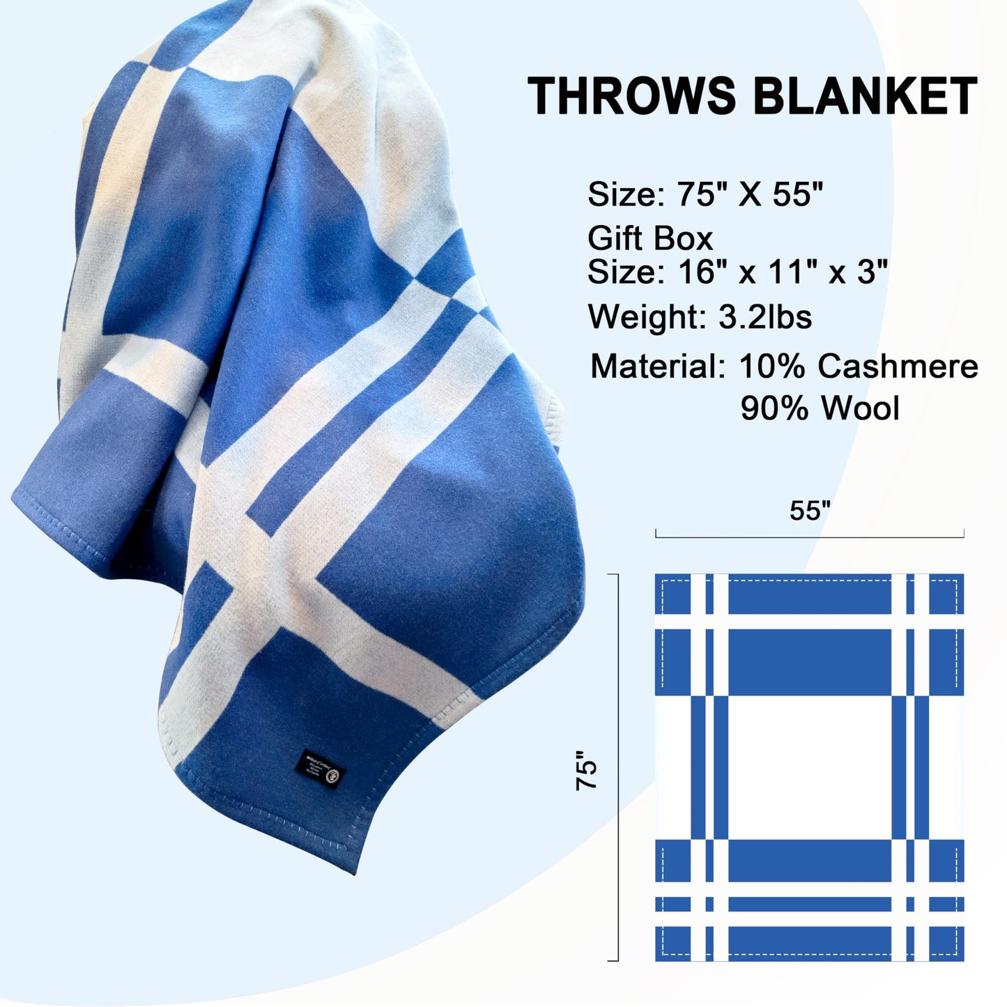 Wool Blanket & Throws 90% Wool Warm Blanket Soft Couch Blankets 75"x55" Twin Throw Blankets for Living Room, Camping, Outdoors, or Car Travel with Exquisite Box for Gift (Blue)
