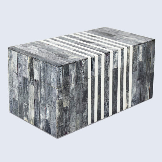 Handicrafts Home Large Decorative Storage Box with Lid, Patisserie Cafe Stripe Pattern Memory Keepsake Box, Deep Storage Organizer for Coffee Table Decor, Wooden Gift Storage Box, Grey & White, 10x5x5