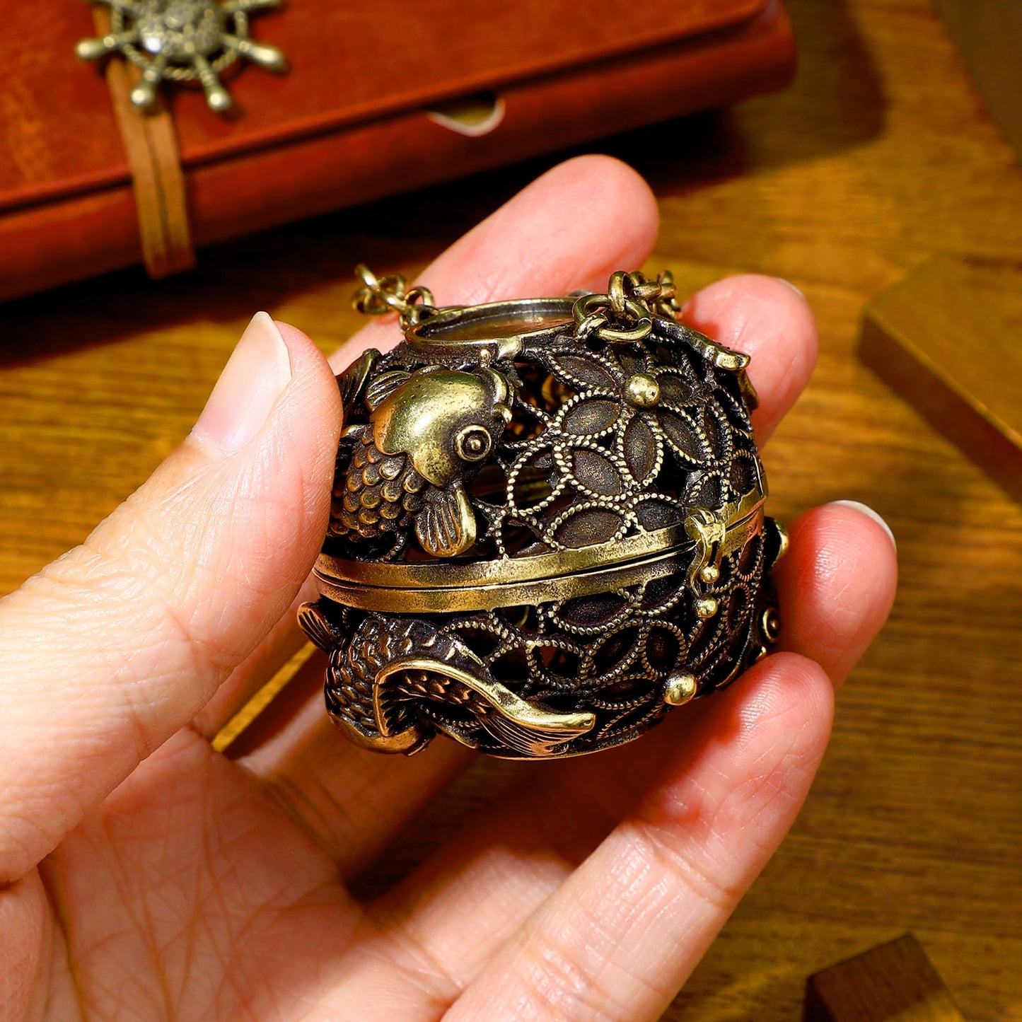 GANAZONO Copper Aromatherapy Ball Incense Burner Hollow Design with Hanging Chain for Home Fragrance Meditation and Room Purifying 4.5X4.5X4.6 Inch