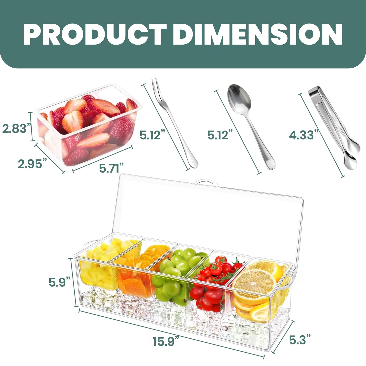 BLIVORRA 𝐋𝐚𝐫𝐠𝐞 Ice Chilled Condiment Server Caddy with 5 Removable Compartments (2.5 Cup), Clear Garnish Tray with Lids – Fruit, Salad, Taco, Bar Platter – Free Stainless Steel Accesories