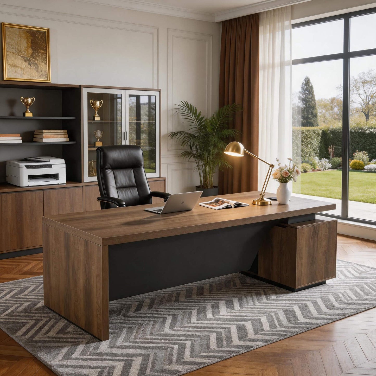 SAINTCY Retractable L-Shaped Executive Desk, Commercial-Grade Office Desk with Reversible Storage Cabinet, Built-in Power Hub, Modern Executive Desk for Home & Business Office