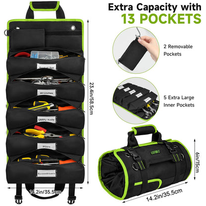 Tool Bag,Large Roll Up Tool Bag Organizer,13 Pockets Tool Roll Storage Pouch,Heavy Duty Portable Tool Storage Carrier Bag for Men,Mechanic,Electrician,Valentines Day Gifts for Men,Black/Green