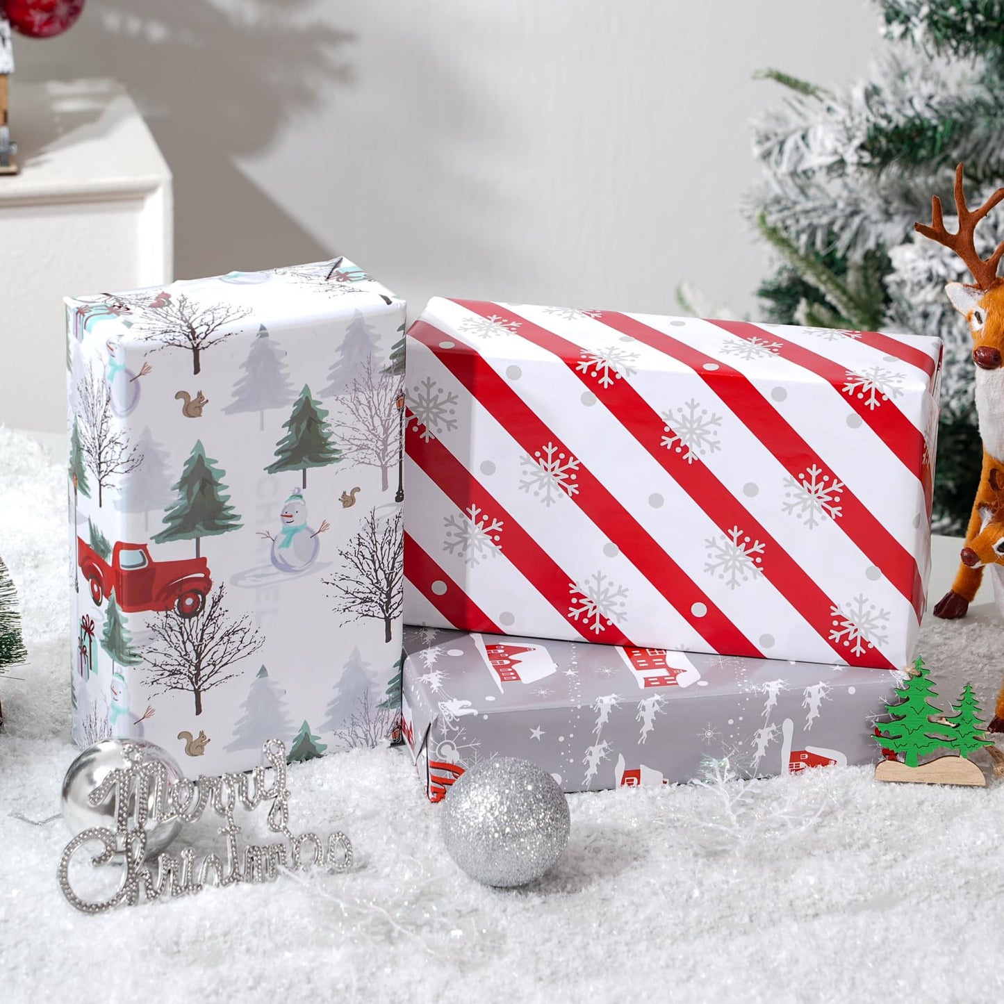 Cuitpan White Christmas Wrapping Paper Bundle for Kids Adults - Reindeer, Stripes, Woodlands, Snowflake, Red Truck Winter Scene Designs - 28 x 40 Inches, 6 Jumbo Sheets