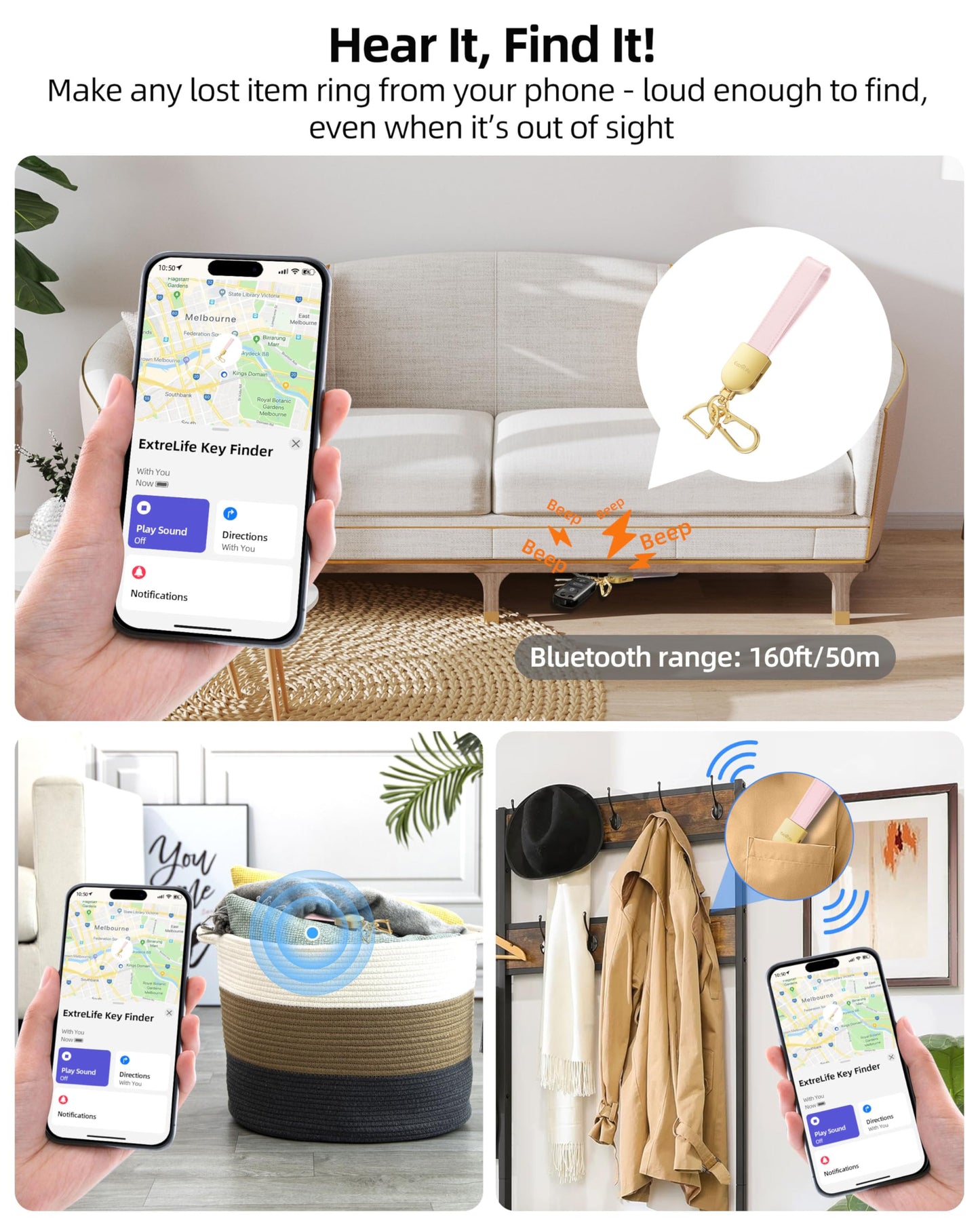 Keychain, Works with Apple Find My, Leather Car Keychain for Women and Men, Car Key Fob Holder, Key Chain with GPS Tracker, Anti-Lost Smart Keys Finder, Rechargeable, Pink