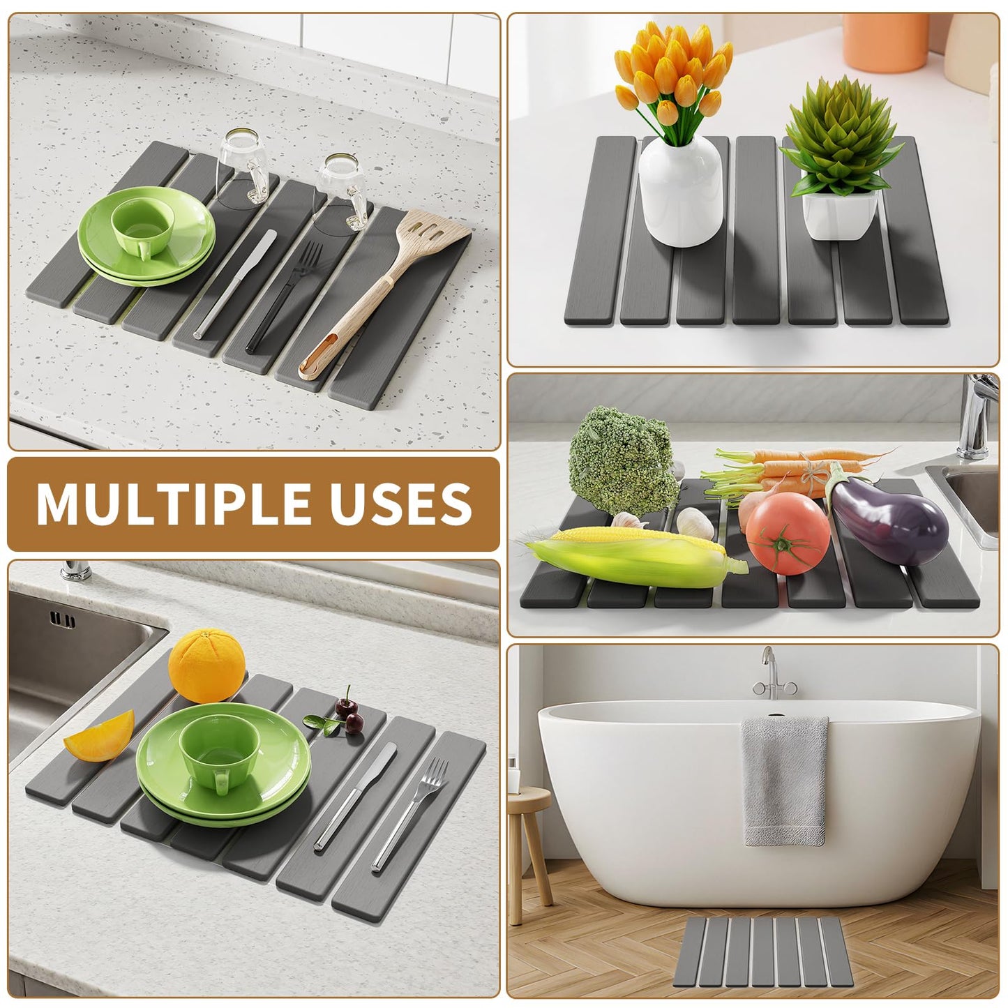 Stone Dish Drying Mat for Kitchen Counter,15.5''x11.8'' Foldable Quick Dry Stone Kitchen Mat,Eco-Friendly,Absorbent Diatomaceous Earth Mats for Dishes Bottles Cups Bathroom Any Countertop-Dark Gray