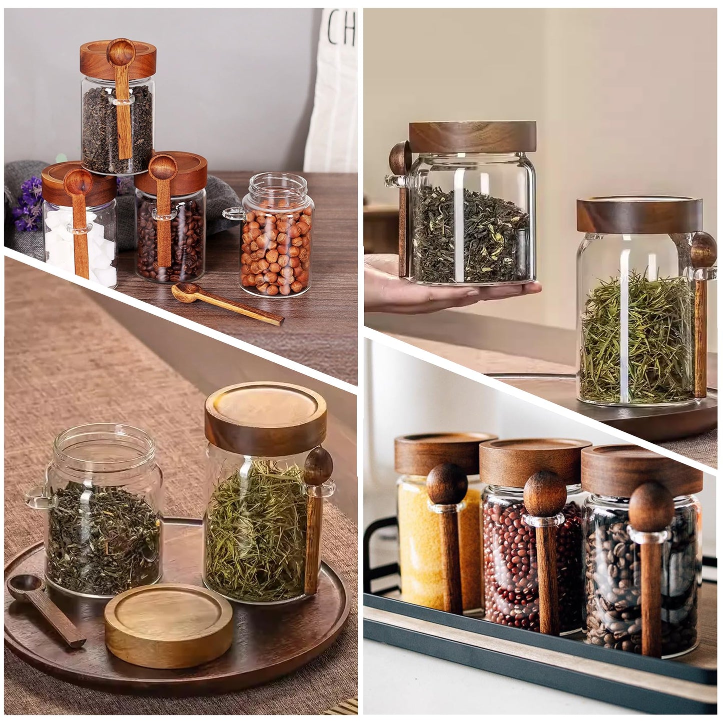 MOLADRI 15 oz/450 ml Glass Storage Canister with Airtight Wooden Lid, Clear Small Decorative Container Jar with Spoon for Salad Overnight Oats Snacks Yogurt Cereal Fruit Spice Sugar Coffee Candy Salt