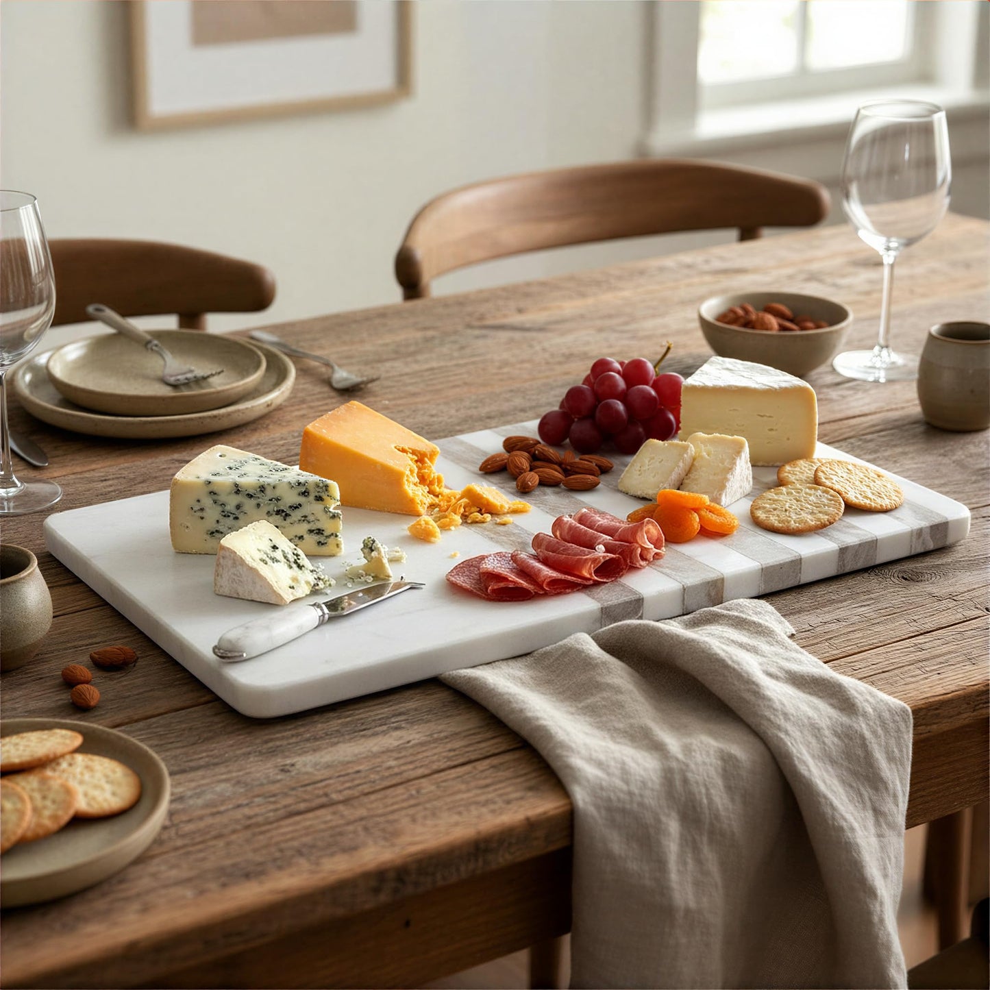 Creative Co-Op Marble Cheese and Serving Board with Striped Design, White