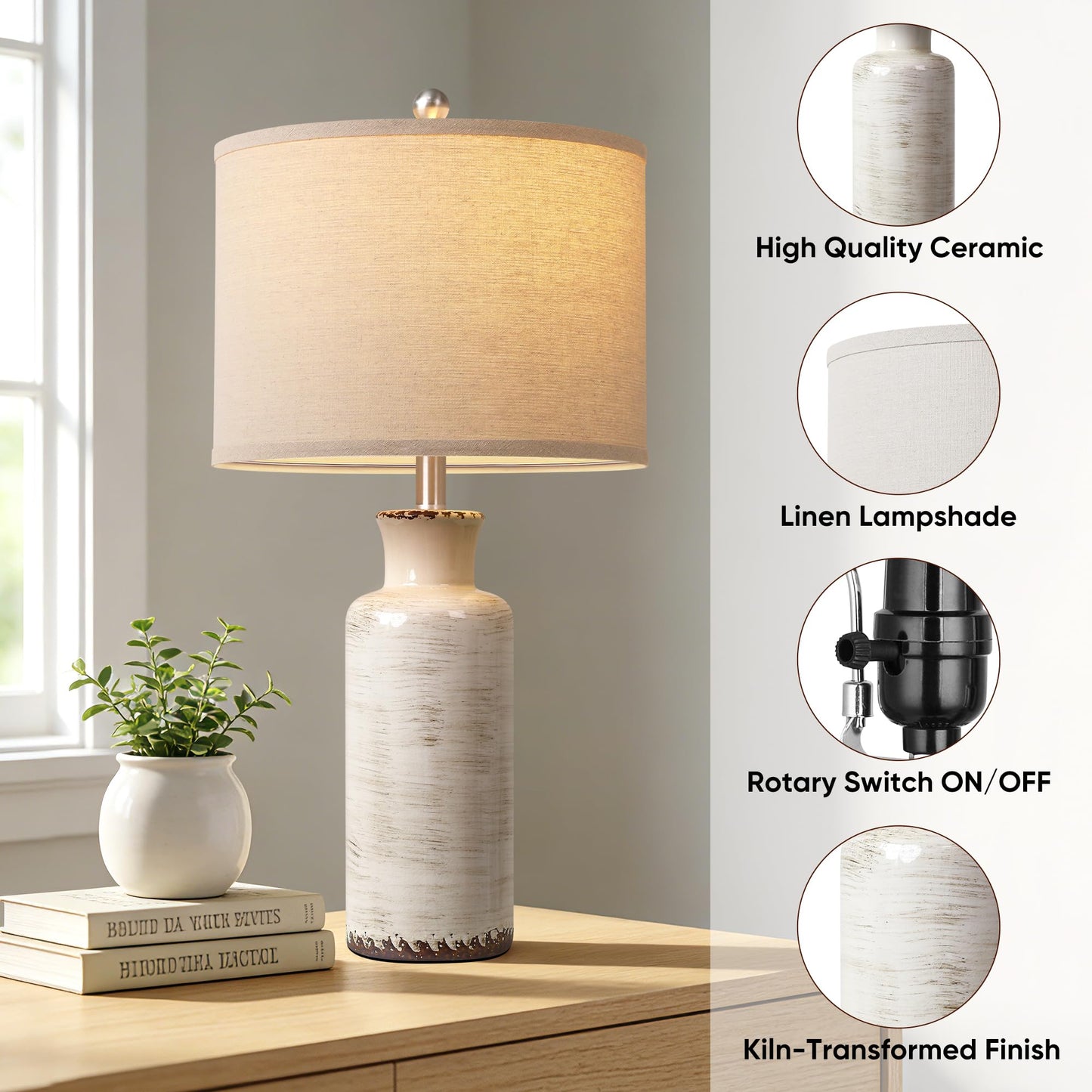 QiMH 25" Modern Lamps for Living Room, Unique Flowing Glazes Ceramic Table Lamp Set of 2 with Linen Lampshade, Beige Rustic Farmhouse Beside Lamps for Bedroom Nightstand Home Decor(Bulb Included)