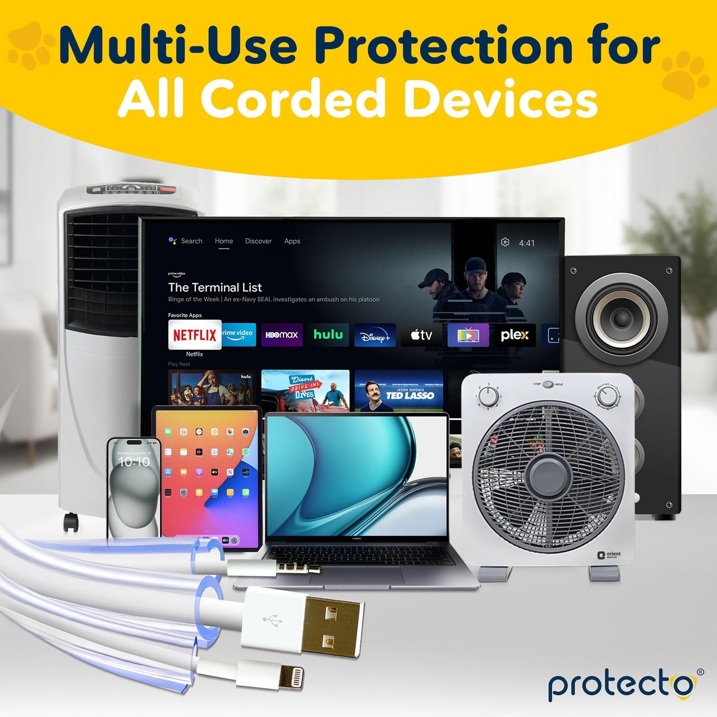 PROTECTO 2-Pack Wire Protector from Pets | Clear Cable Tube Animal Proof - 2.15m Odor-Free Cat & Dog Chew Resistant Floor Cable Cover | Plastic Cord Organiser for Power, Lightning, RCA & HDMI Cables