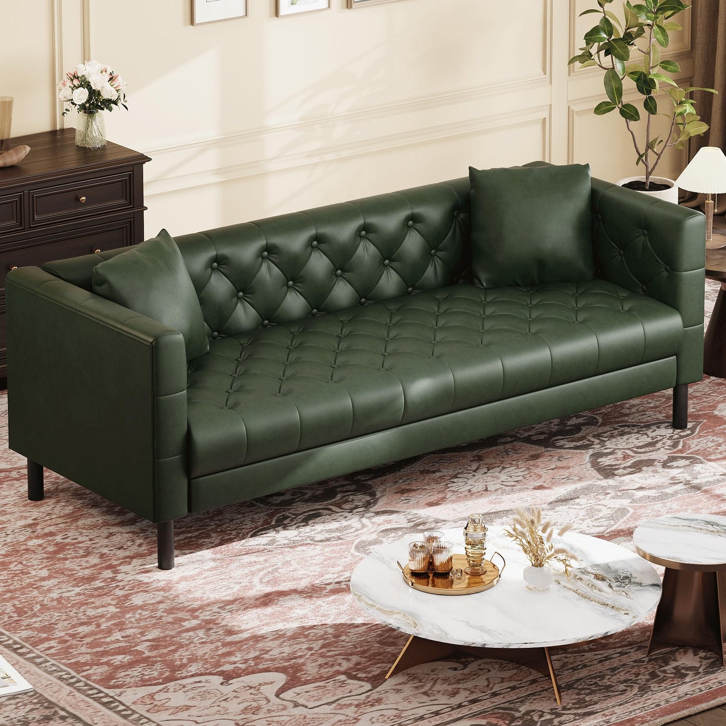 IDEALHOUSE Mid Century Modern Leather Sofa 81 inch, 3 Seater Chesterfield Couch with Deep Seats, Button Tufted Back, Faux Leather Living Room Sofa with 2 Pillows for Apartment Office, Green