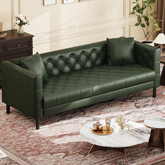 IDEALHOUSE Mid Century Modern Leather Sofa 81 inch, 3 Seater Chesterfield Couch with Deep Seats, Button Tufted Back, Faux Leather Living Room Sofa with 2 Pillows for Apartment Office, Green