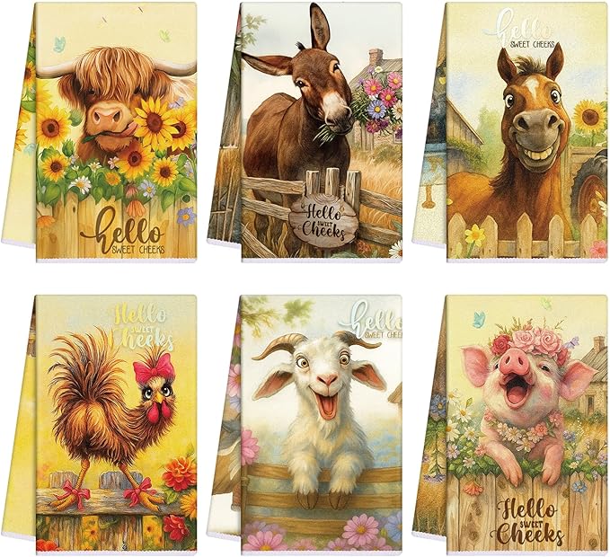 Breling Set of 6 Farmhouse Animal Kitchen Towels Funny Dish Towel Bathroom