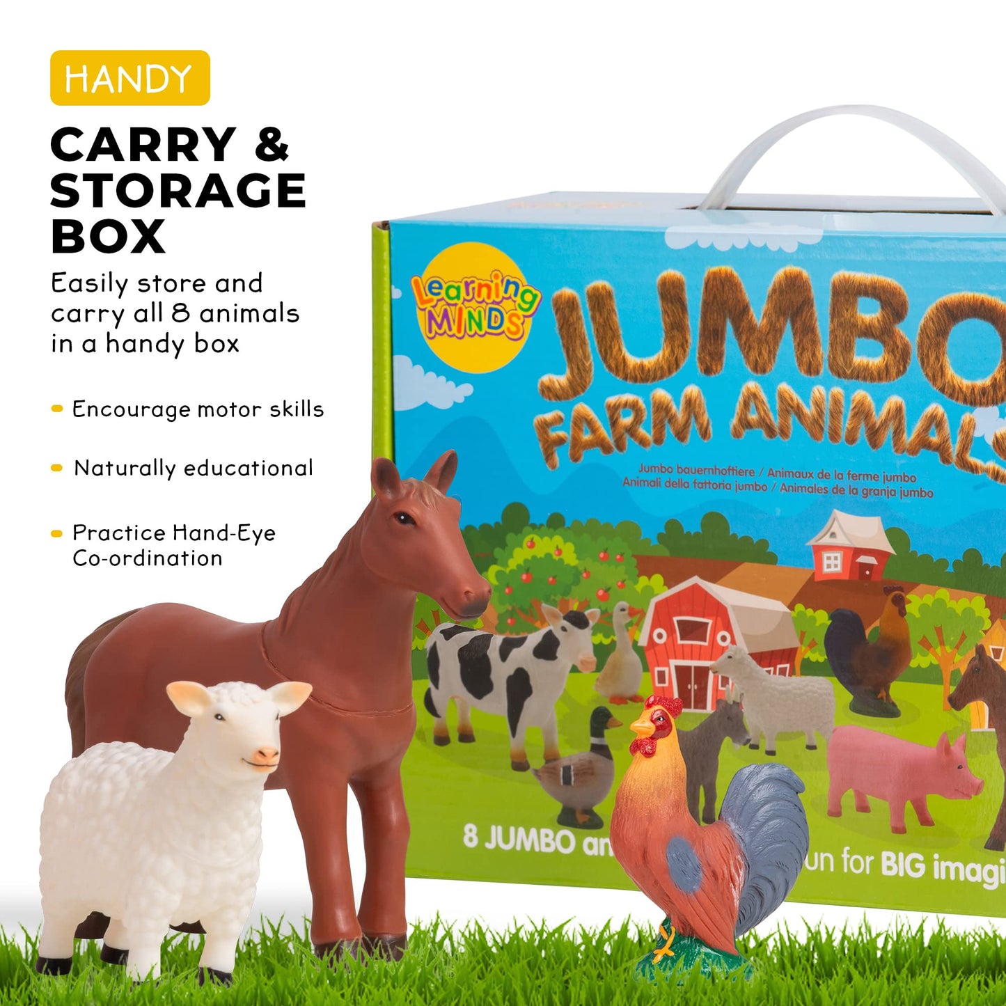 Learning Minds Set of 8 Jumbo Farm Animal Figures - Farm Animals For 1, 2, 3 Year Olds - Toy Animals For Kids Age 18 Months Plus - Toys For 1 Year Old Boys