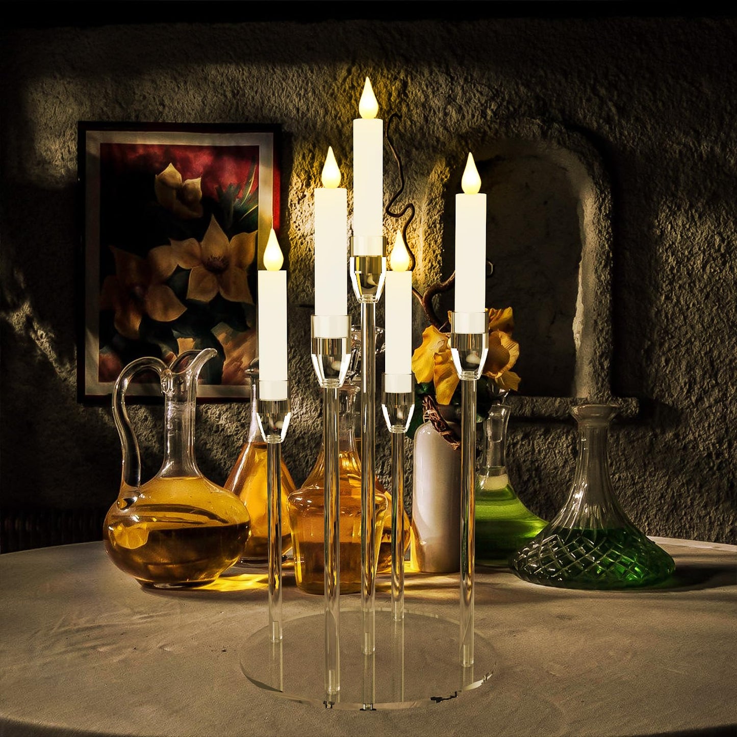 Candelabra Centerpieces for Tables 5 Arm Clear Candle Holder Fit 0.87" LED Pillar Taper Candlestick with Round Base for Christmas New Year Decoration (5 Arm Candelabra)