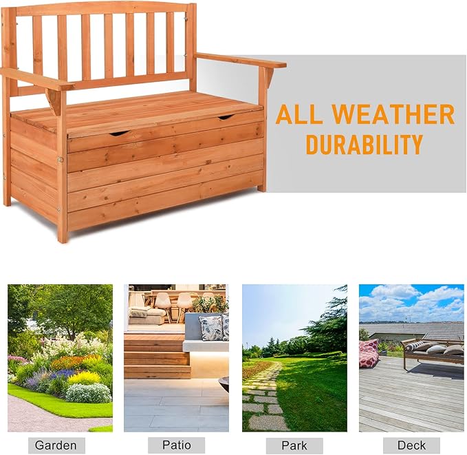 Outvita Outdoor Wood Storage Bench, Wooden Large Deck Box with Seating & Armrest, Waterproof Patio Organizer Loveseat for Garden Porch Deck Backyard Poolside, Natural