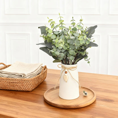 Artificial Silver Dollar Eucalyptus Stems in White Ceramic Vase, 14" Tall Faux Eucalyptus Picks with Twine Bow & Wooden Heart Charm, Full Greenery for Home Decor, Table Centerpiece, Shelf & Office