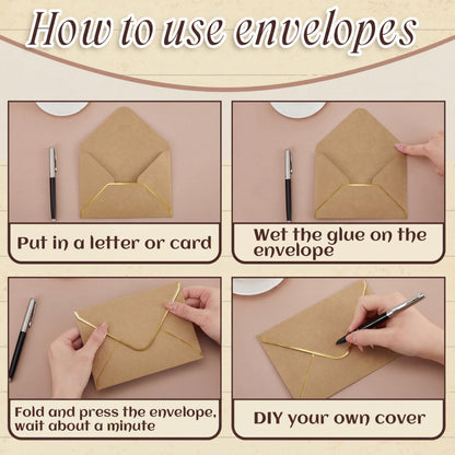 Cholemy Brown 4 x 6 Envelopes 50 Pack A6 Card Envelopes with Gold Border, 180 Gsm Self Adhesive V Flap Invitation Envelope for Wedding Bridal Shower Birthday Greeting Graduation Mailing Funeral