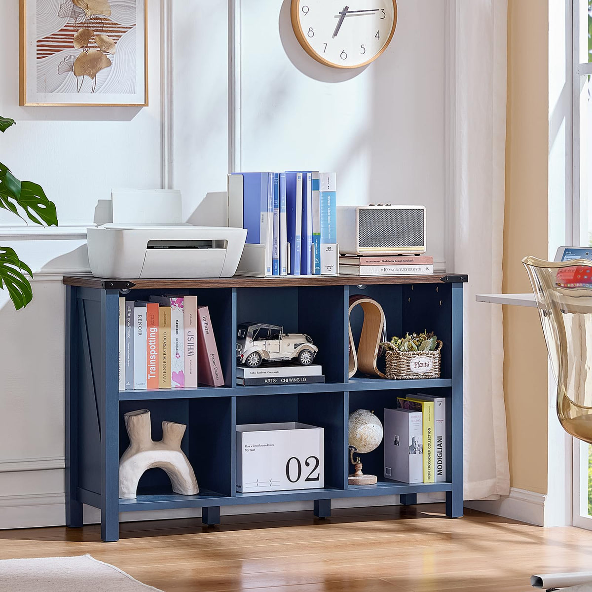 Joaxswe 6 Cube Bookcase, Farmhouse Wood Low Storage Organizer Book Shelf, 47" Horizontal Navy Blue Console Bookshelf with Legs, Hallway Book Case for Entryway, Display Cabinet for Living Room, Office