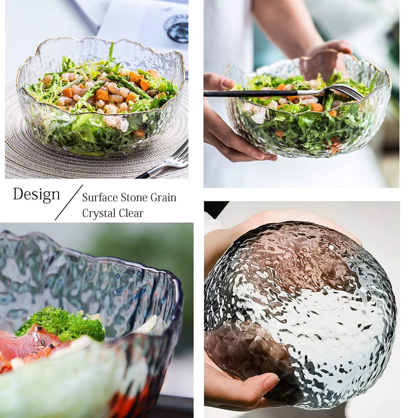 TOSSOW Glass Salad Bowl Irregular Shape Serving Bowls, 25 oz Pyrex Mixing Bowls for Kitchen Prep, Fruit, Snack, Dessert, and Candy Dishes or Nut Bowls(Grey)