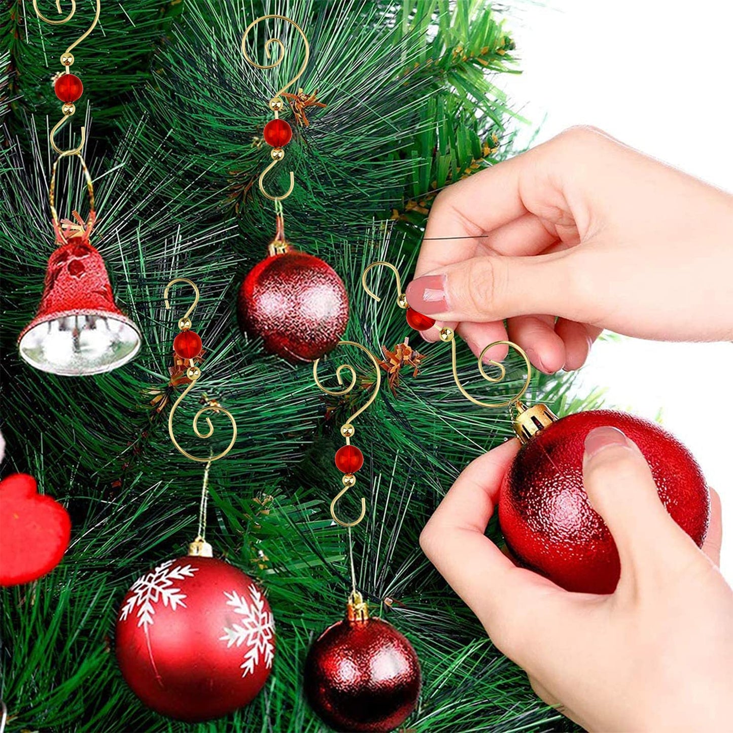 INCREWAY Wire Ornament Hooks, 30 Pcs Gold S-Shaped Christmas Tree Hanger Hooks Metal Decoration Hooks with Red Round Crystal Beads for Party, Home Decor (Gold Hook & Red Bead)