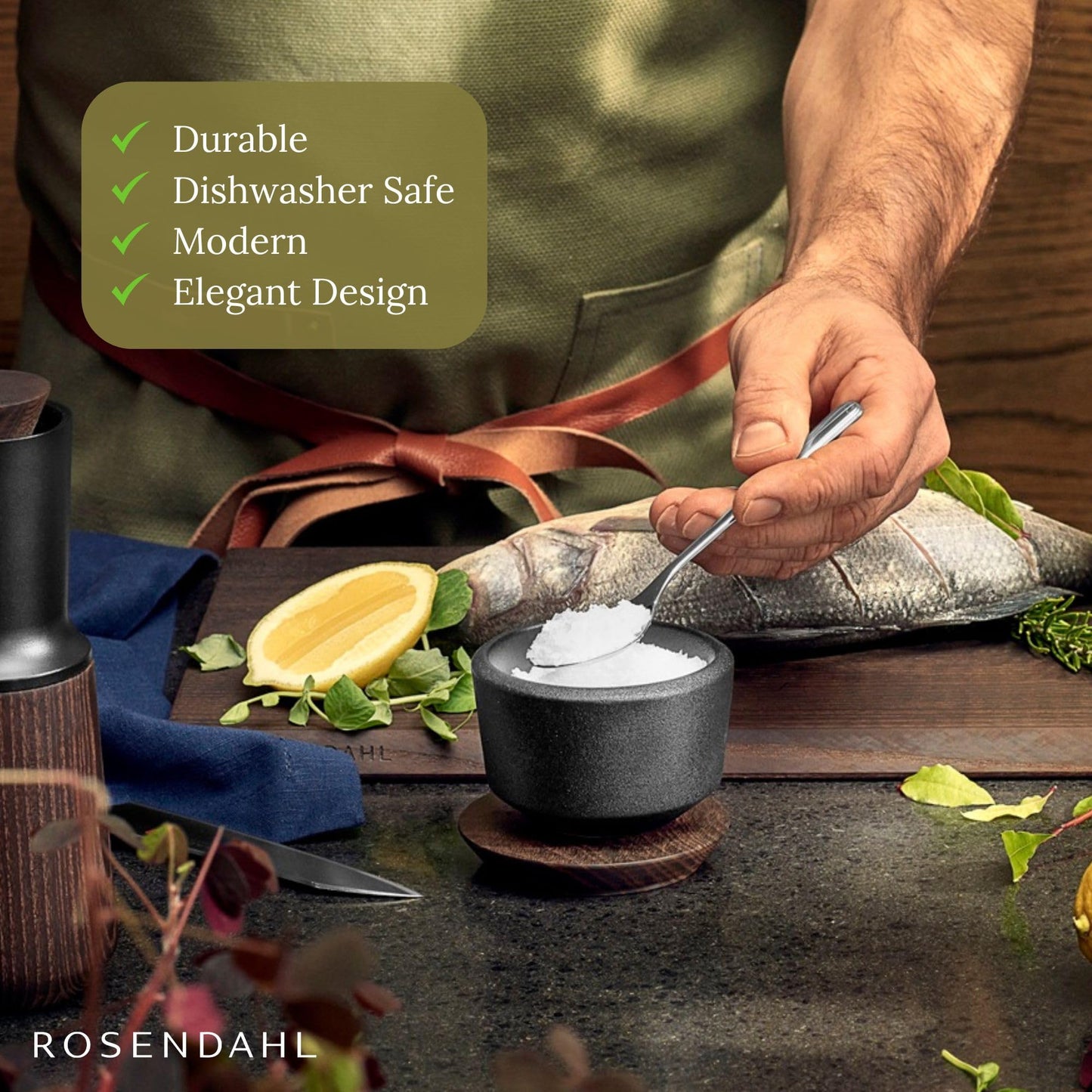 Rosendahl RÅ Salt Cellar with Ash Wood Lid - Black Ceramic, Rustic Stoneware with Cast Iron Look, Japandi Inspired Design, Stylish Addition to Your Table Setting