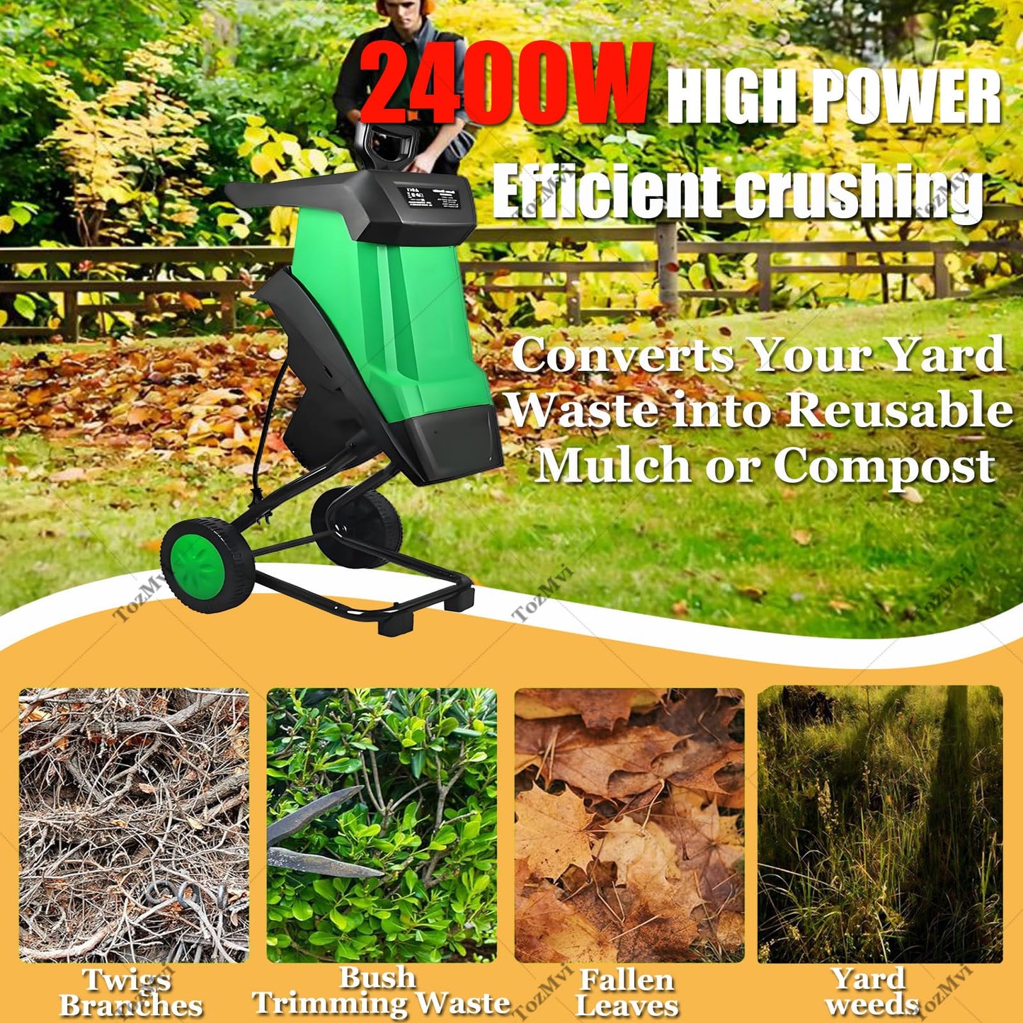 TozMvi 2400W Garden Cleanup Tool with Wheels,Electric Wood Chipper & Shredder & Efficient Leaf Mulcher,4500 RPM Electric Yard Waste Shredding Machine,with 50L Collection Bag