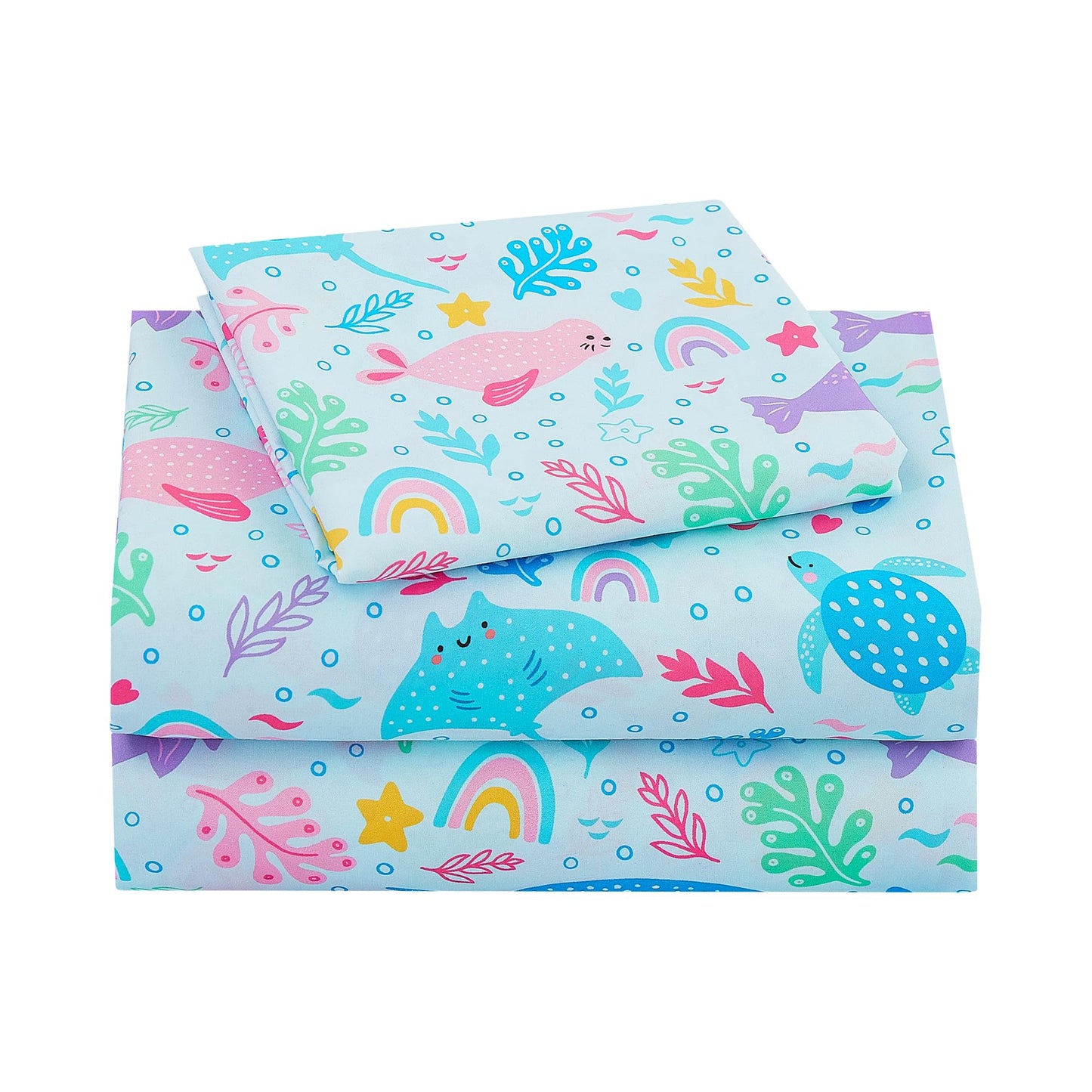 Viviland 3 Pieces Girls Blue Marine Twin Sheet Set - Soft Microfiber Fitted Flat Sheets & Pillowcase Bed Sheet Set - Colorful Marine Animals Print Bedding Sets for Kids
