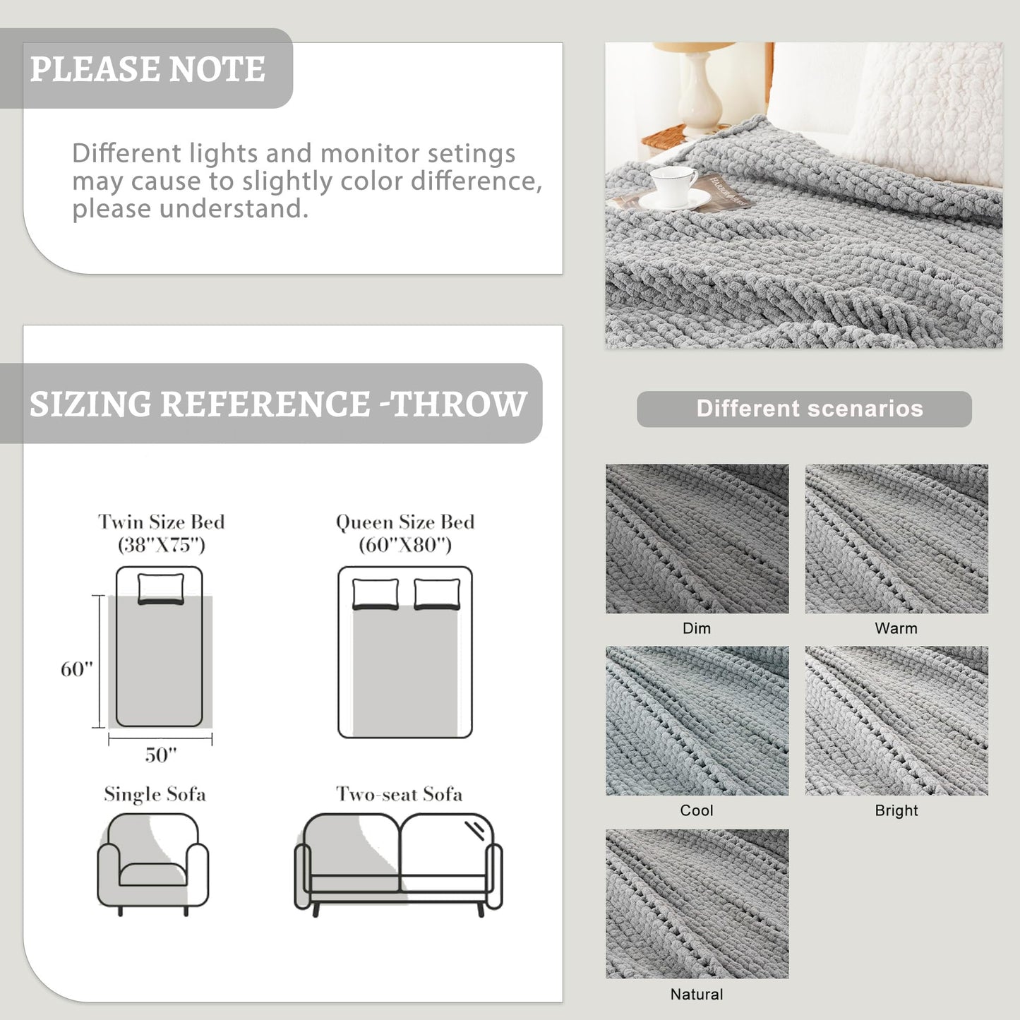 Battilo Chunky Knit Throw Blanket, Soft and Thick Chenille Throw Blanket, 50"x60" Handmade Cable Knit Crochet Blanket, Light Grey Knot Knitted Throw Blankets for Couch Sofa Bed Home Decor, Light Grey