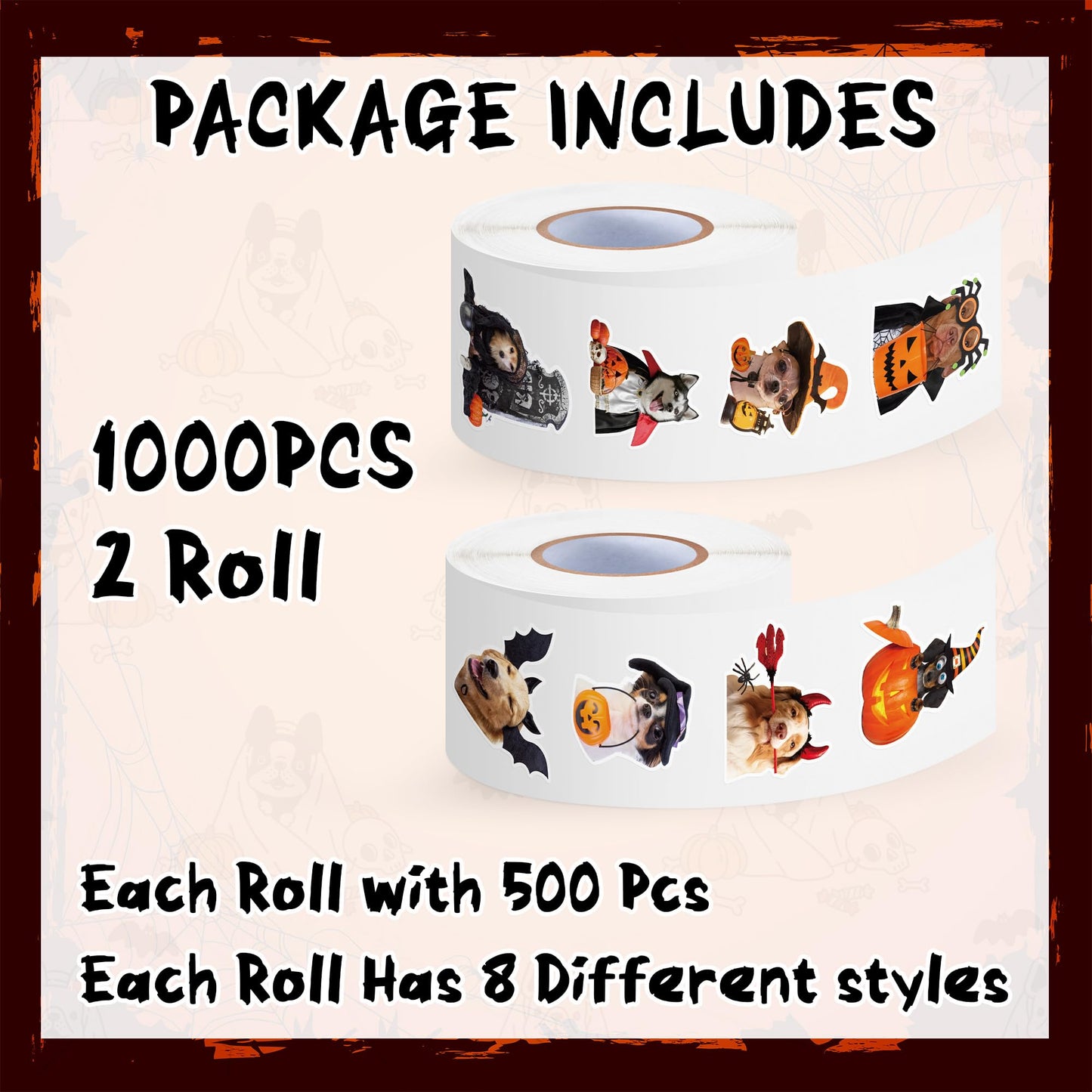 H1vojoxo Halloween Dog Stickers Roll - 1000PCS Halloween Dog Dress Up Stickers in 2 Rolls 16 Designs Pumpkin Dogs Self-Adhesive Sticker for Kids Craft Envelope Water Bottle Scrapbook Party Supplies