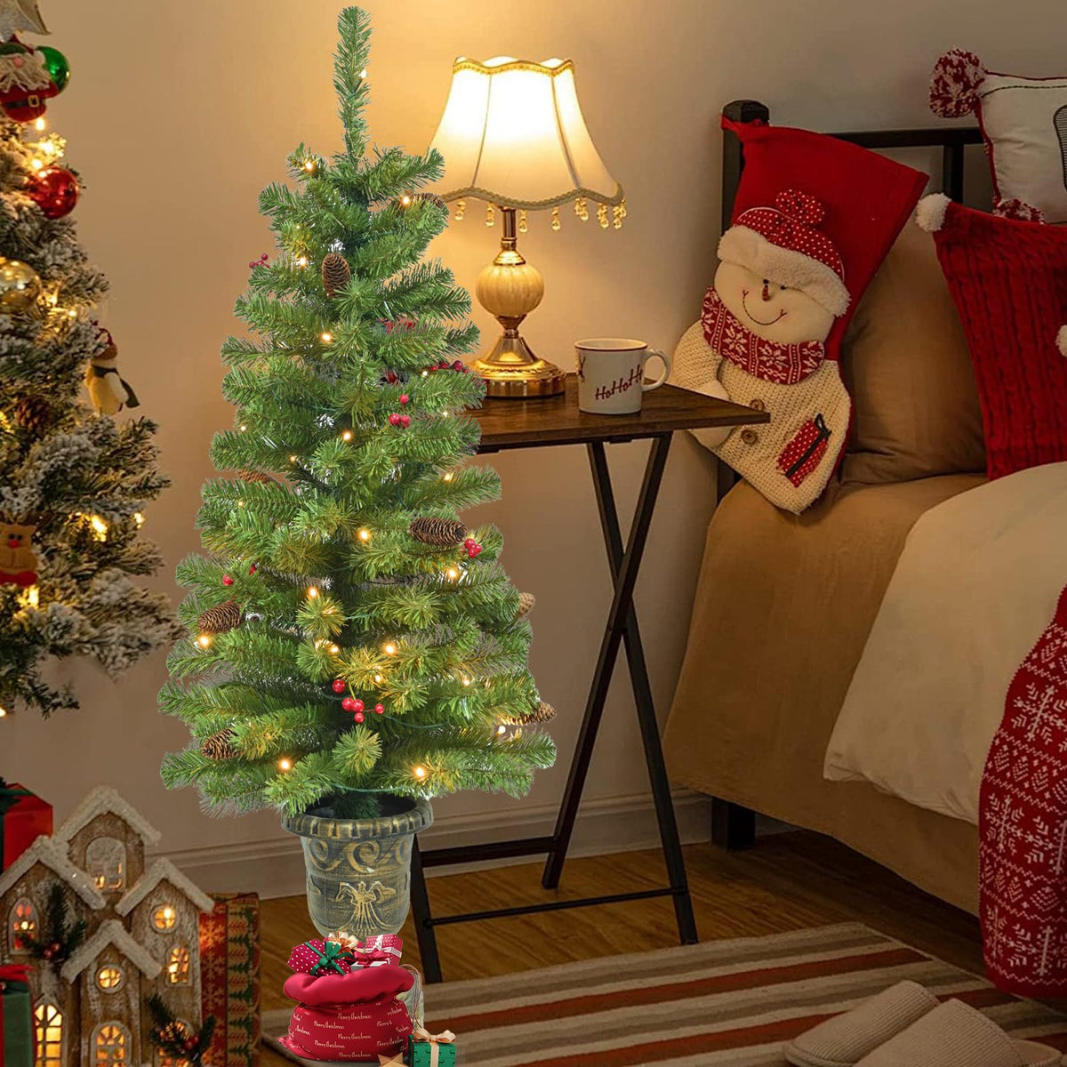 Maylaviu 4FT Artificial Potted Christmas Tree with Lights, Pre-lit Mini Christmas Tree with 50 LED Lights, Small Fake Spruce Tree with 140 Branch Tips, Pine Cones&Red Berries, Battery Operated