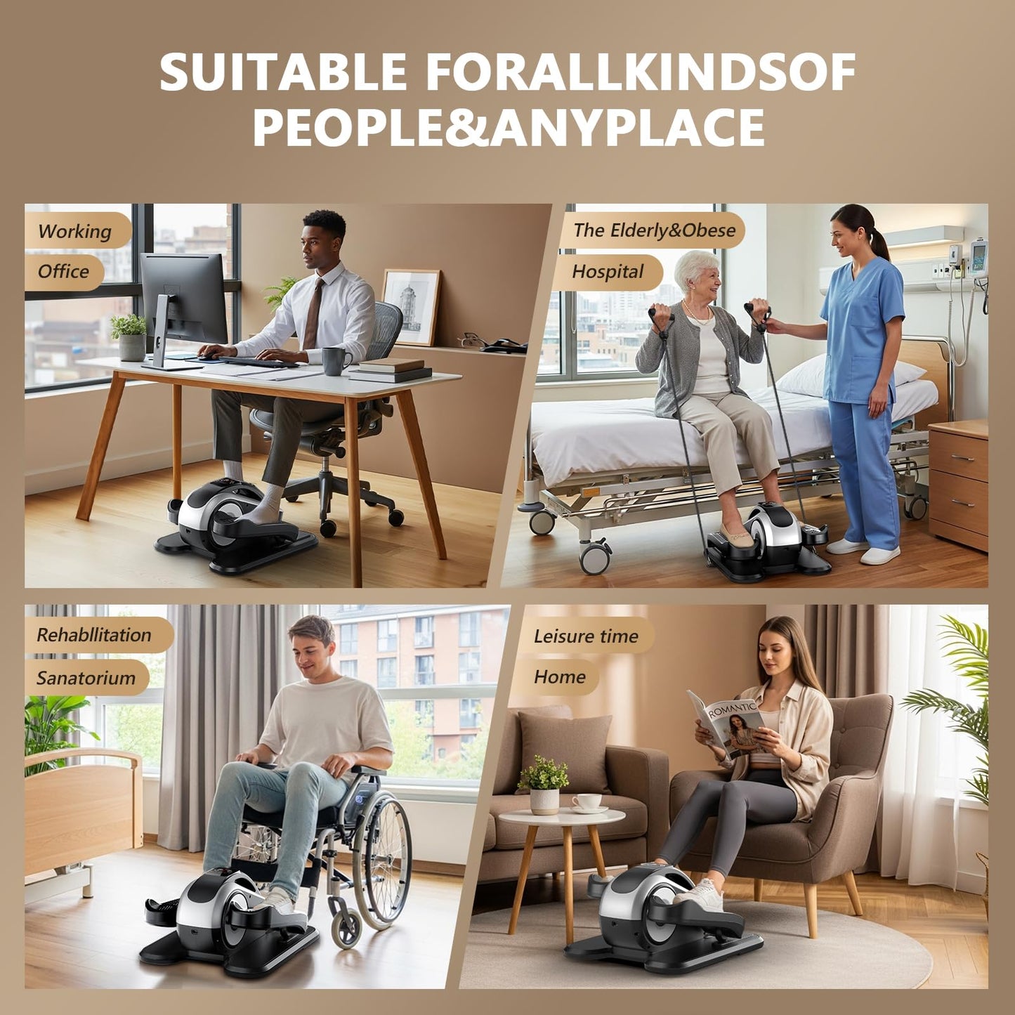 LVPIMAN Under Desk Elliptical Machine for Seniors, Large Size Electric Leg Exerciser with 12 Adjustable Speeds & 12 Modes, Remote Control, Elastic Rope, Manual & Auto Mode for Home Office Use