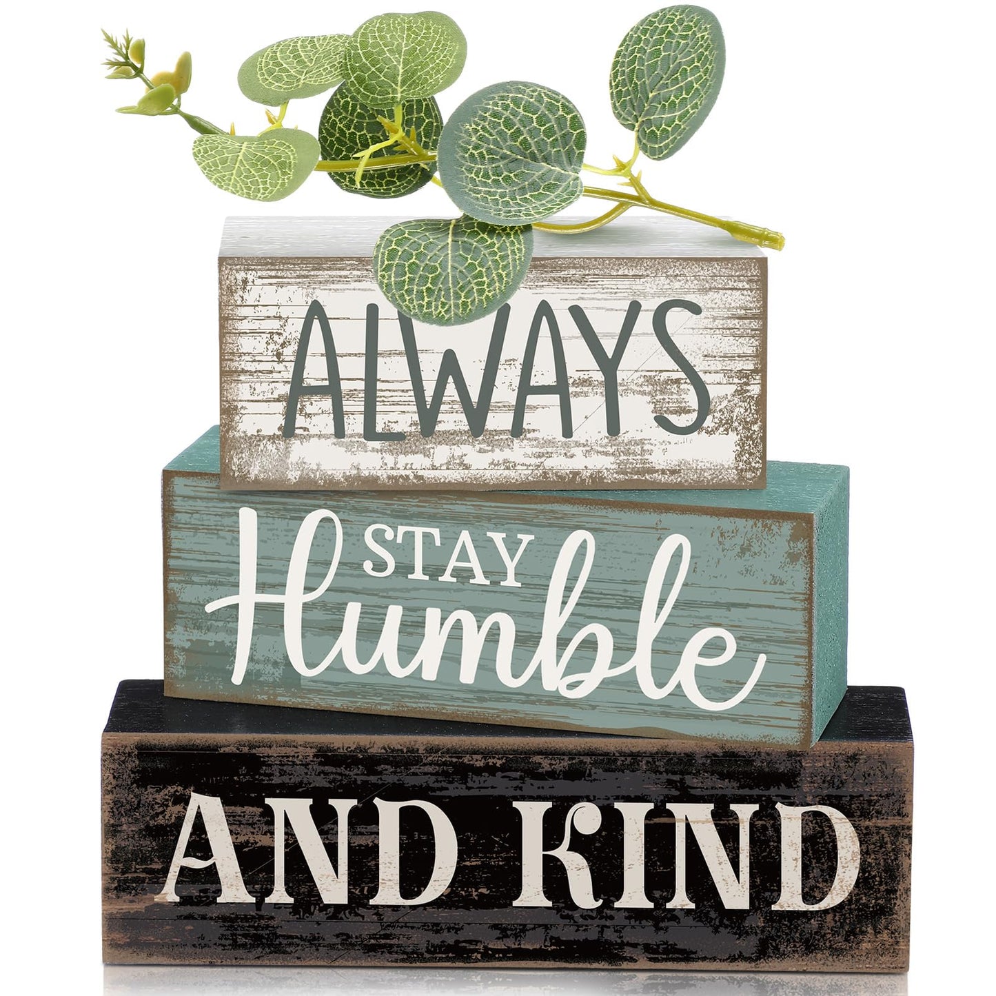 Lineshading 4 Pcs Inspirational Farmhouse Table Decor Always Stay Humble and Kind Stacked Wooden Block Signs with Inspirational Quote Eucalyptus Leaves for Home, Living Room, Shelf Housewarming Gift