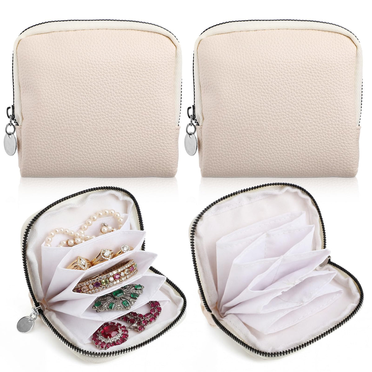 Sadnyy 2 Pcs Small Travel Jewelry Case for Women Jewelry Organizer Case for Travel 5-layer Velvet Zipper Pouch Bag for Bangles Link Bracelets Storage Protect from Tangle Scratch (White)