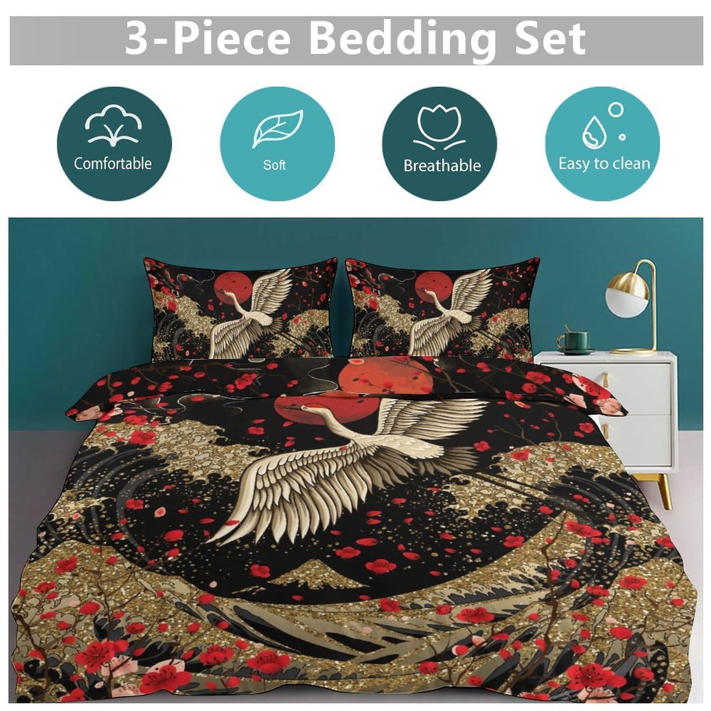 Lnepty Japanese Comforter Set,Red Plum Cherry Blossom Floral Asian Ink Painting Crane Gold Great Wave Japanese Style Bedding Set with Pillowcase for Bedroom Bed Decor,Twin 86"x70"