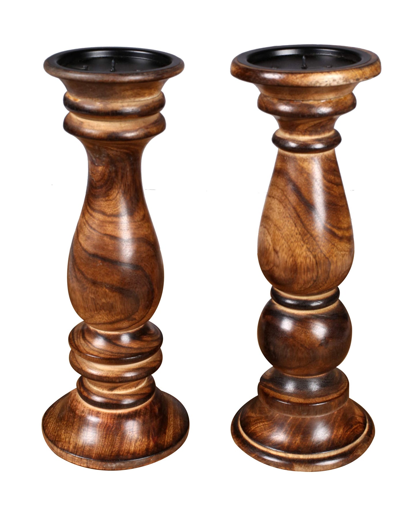 The Wooden Town Rustic Candle Holder Set of 3 – 10", 8", 6" – Burnt Finish Wooden Pillar Stands for Wedding, Party, Home Décor, Spa – Country Style Gift for Table Centerpiece