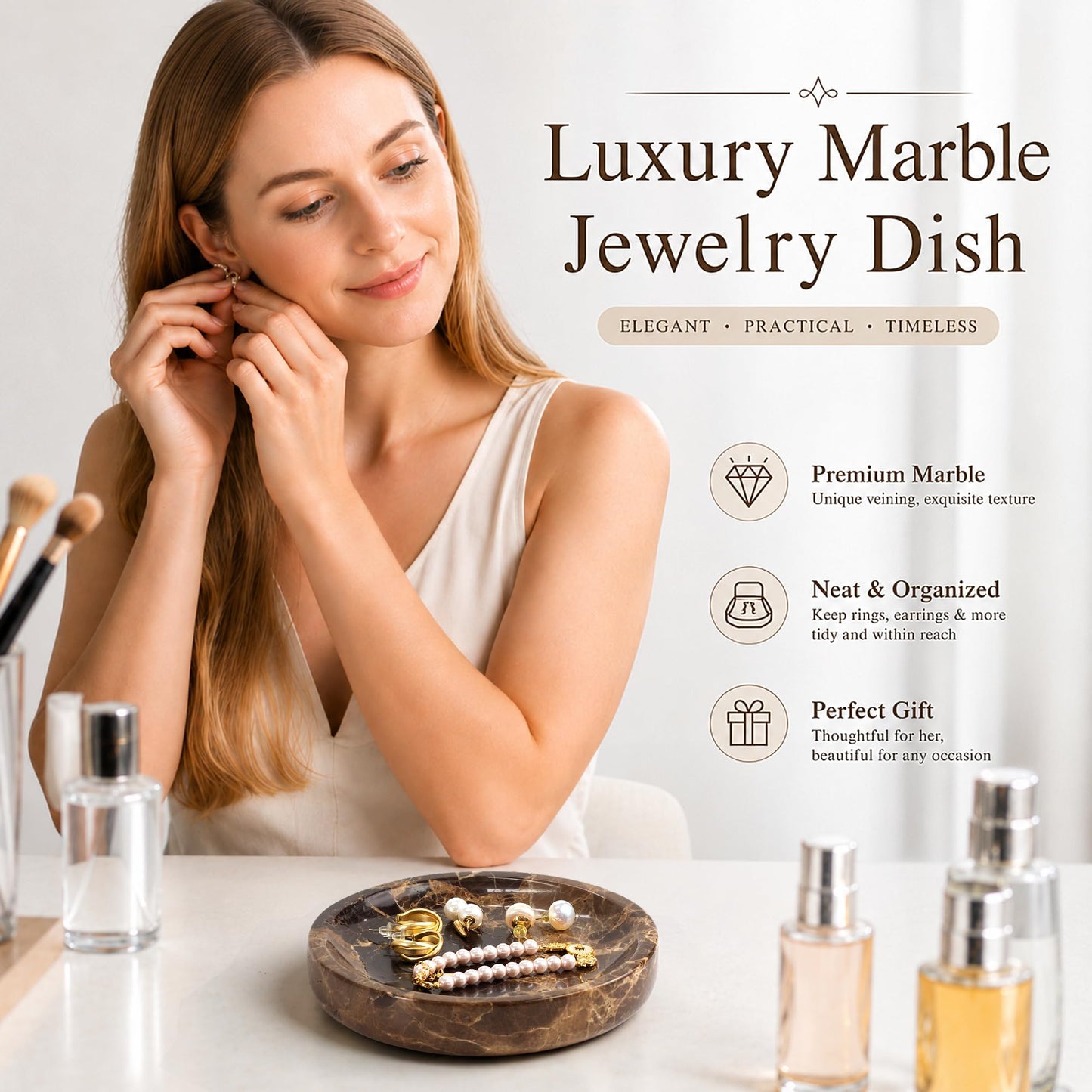 LIN CHUAN Jewelry Dish Marble Vanity Tray, Round Ring Dish, Trinket Dish, Small Decorative Catchall Trays for Earrings, Rings, Keys, Jewelry Holder Plate Gift for Women, 5.5”, Brown
