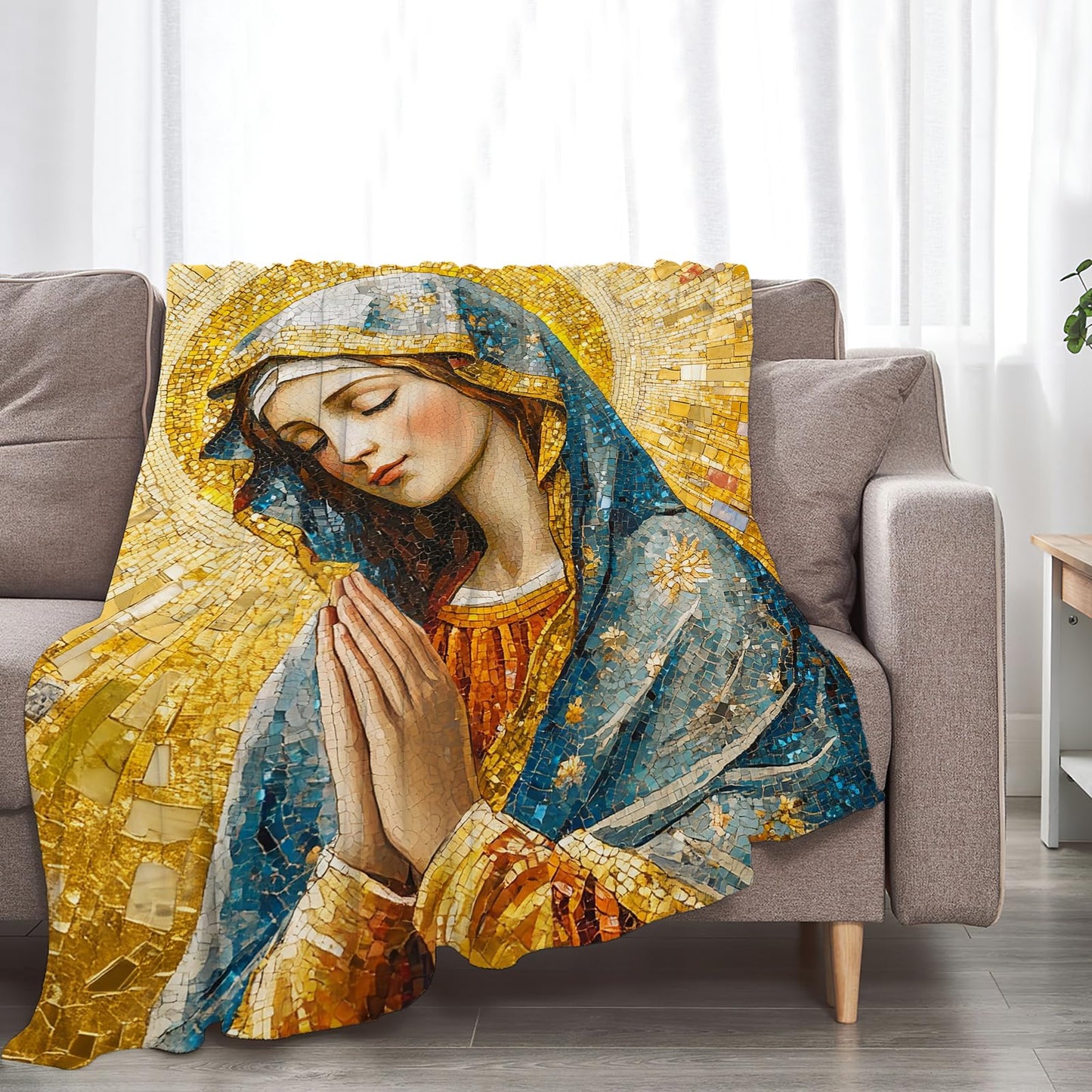 Virgin Mary Blanket Soft Fuzzy Fleece Golden Mother of God Catholic Blankets Decor Cozy Warm Plush Flannel Blanket Gifts for Boys Girls Men Women Home Chair Sofa Couch Bed 50"X40"